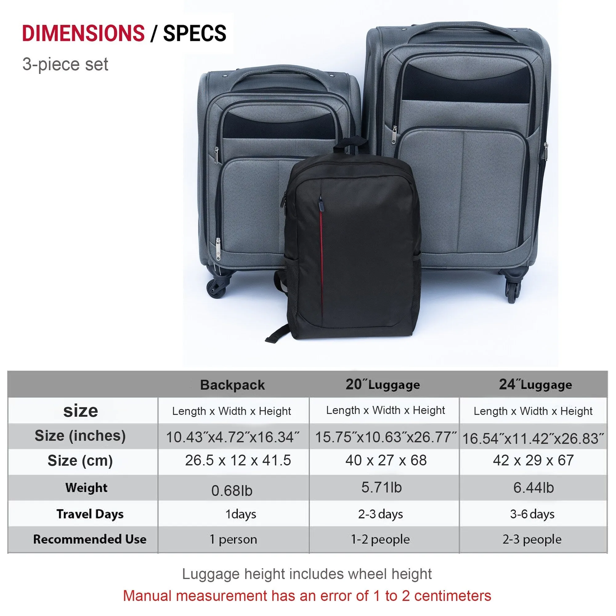 2pcs Softsided Suitcase Set w/Universal Wheels & Oxford Cloth Backpack