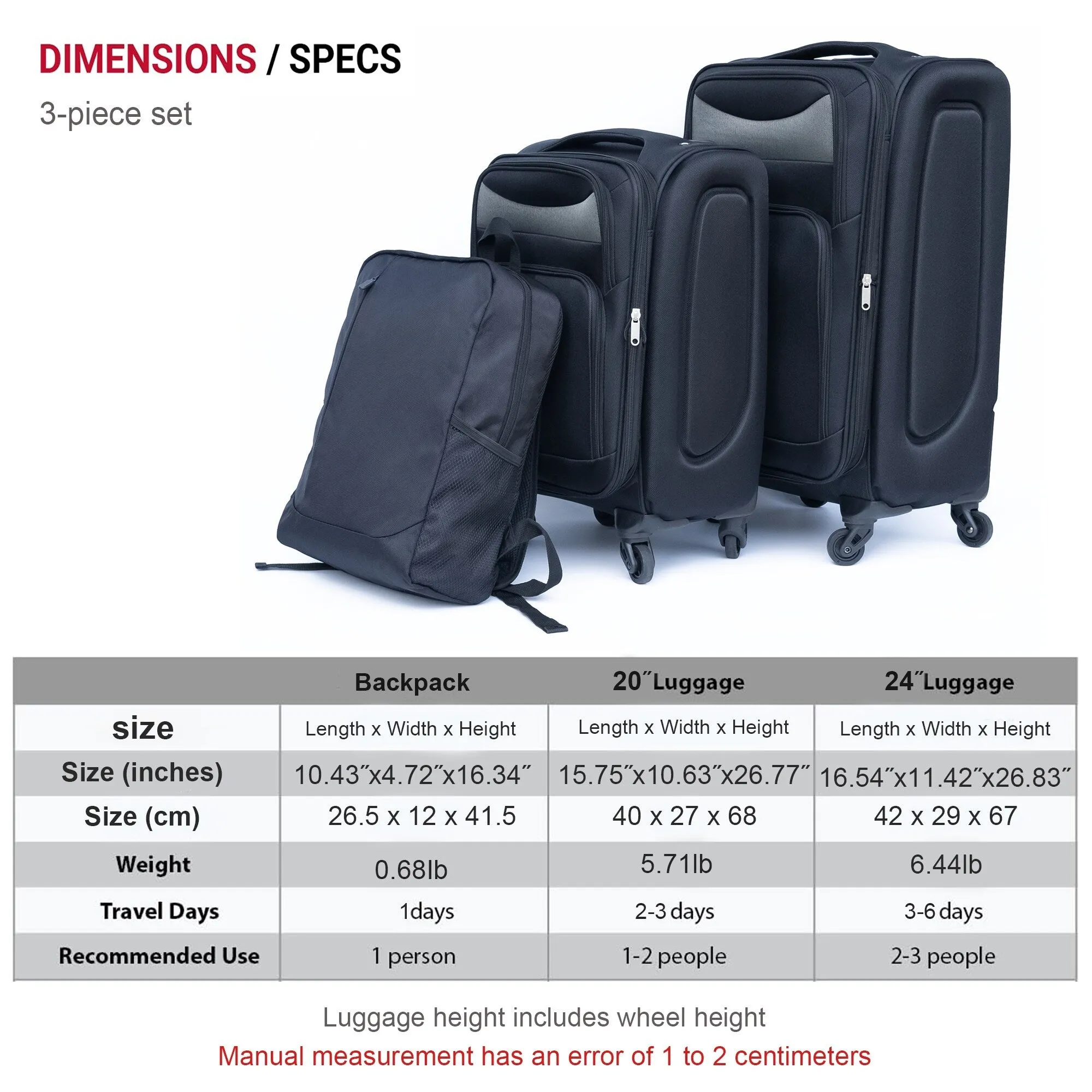 2pcs Softsided Suitcase Set w/Universal Wheels & Oxford Cloth Backpack