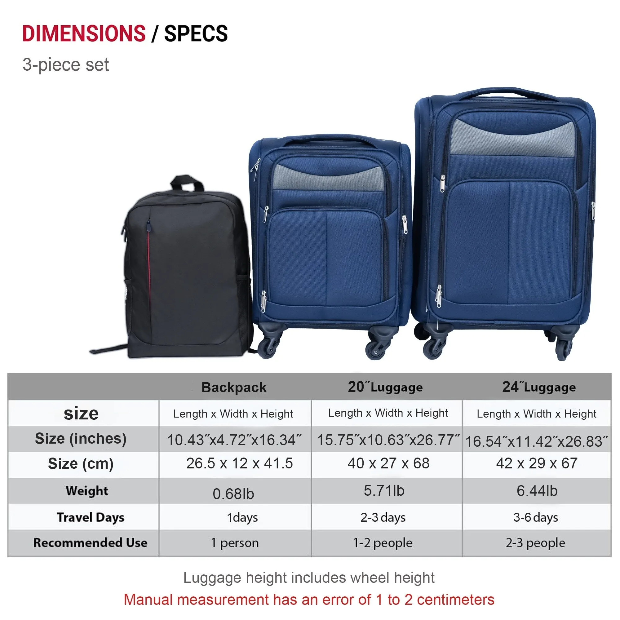 2pcs Softsided Suitcase Set w/Universal Wheels & Oxford Cloth Backpack