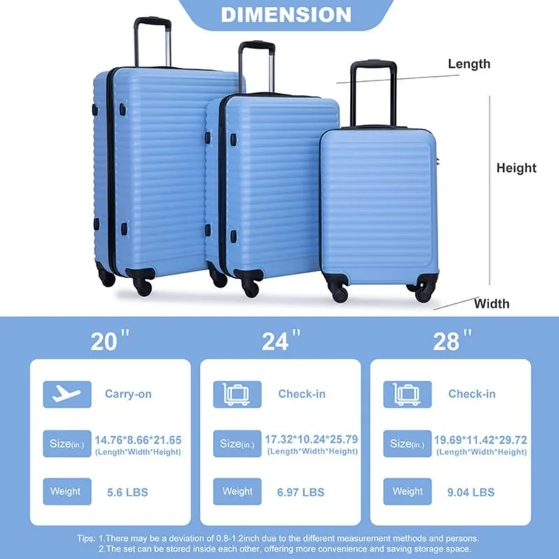 3 Piece ABS Lightweight Suitcase Luggage Sets with Two Hooks,TSA Lock