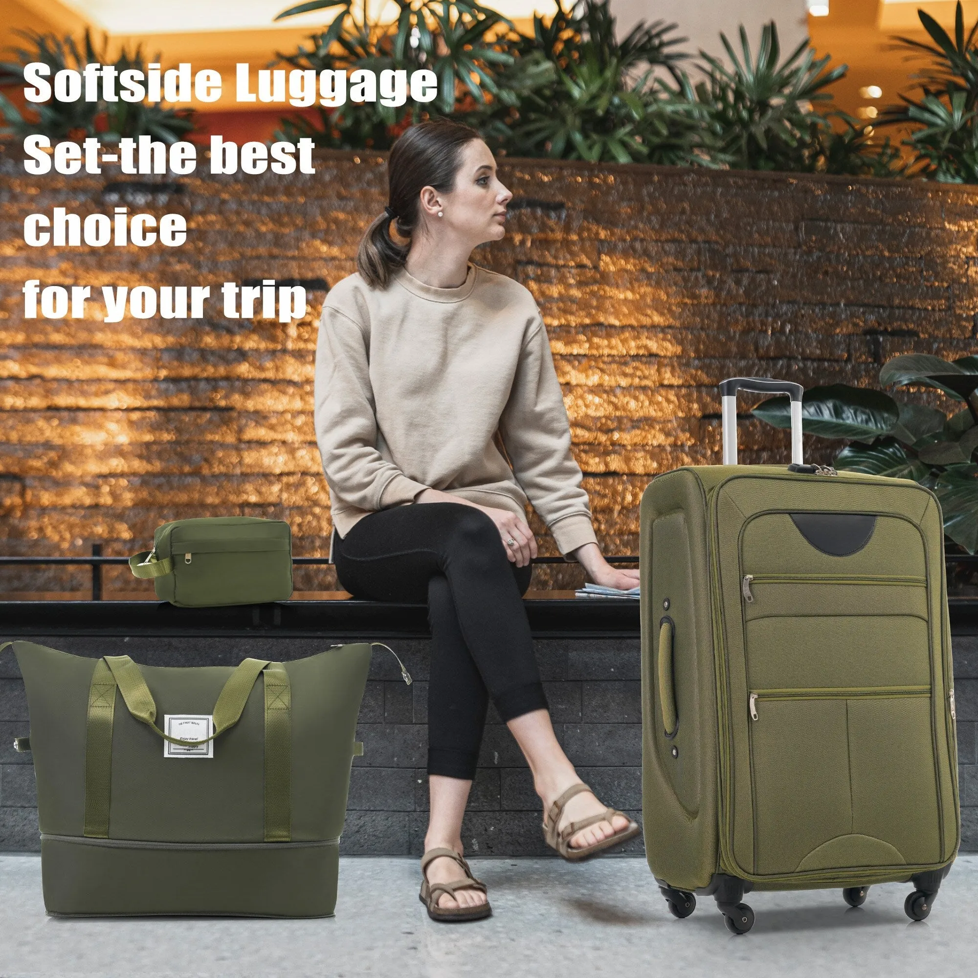 3 Piece Expandable Luggage Set with Duffel Bag and Upright Spinner, Softside Suitcase with TSA Combination Lock & Toiletry Bag