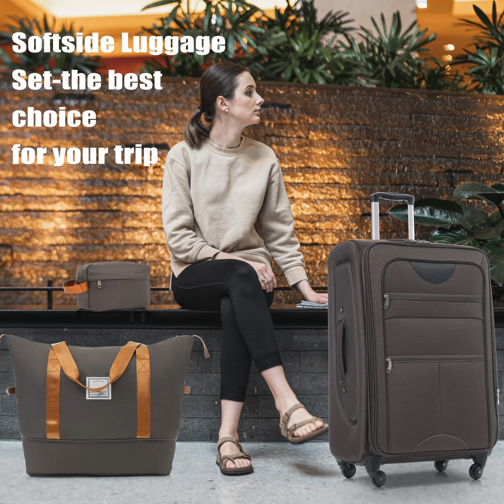3 Piece Expandable Luggage Set with Duffel Bag and Upright Spinner, Softside Suitcase with TSA Combination Lock & Toiletry Bag