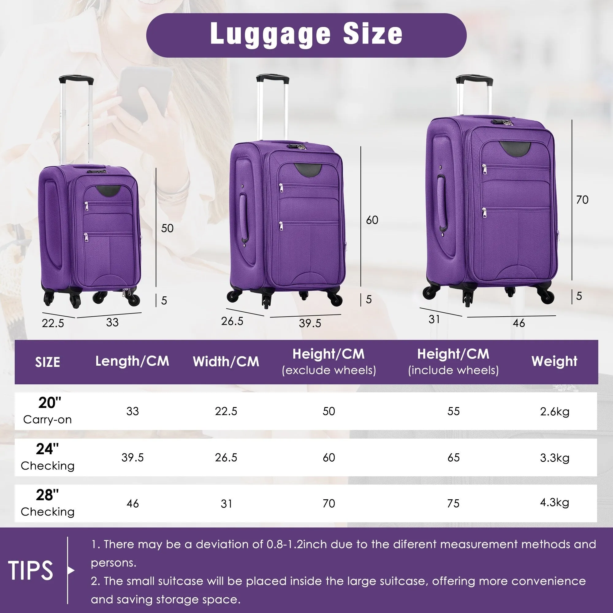 3 Piece Expandable Luggage Set with Duffel Bag and Upright Spinner, Softside Suitcase with TSA Combination Lock & Toiletry Bag