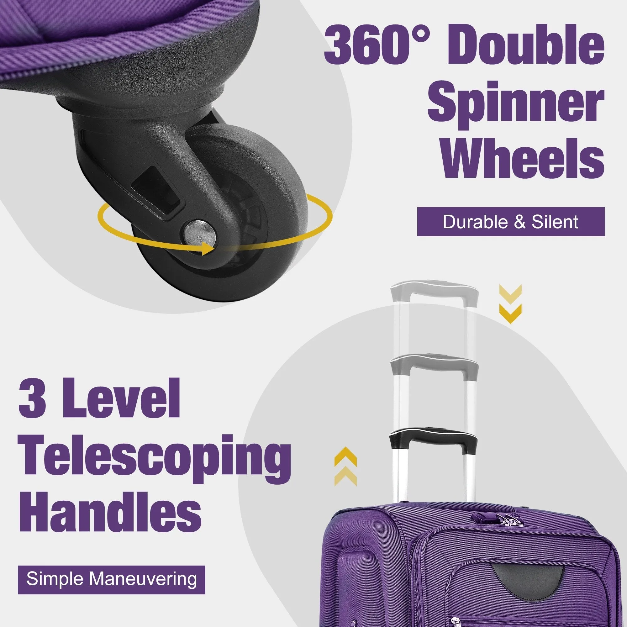 3 Piece Expandable Luggage Set with Duffel Bag and Upright Spinner, Softside Suitcase with TSA Combination Lock & Toiletry Bag
