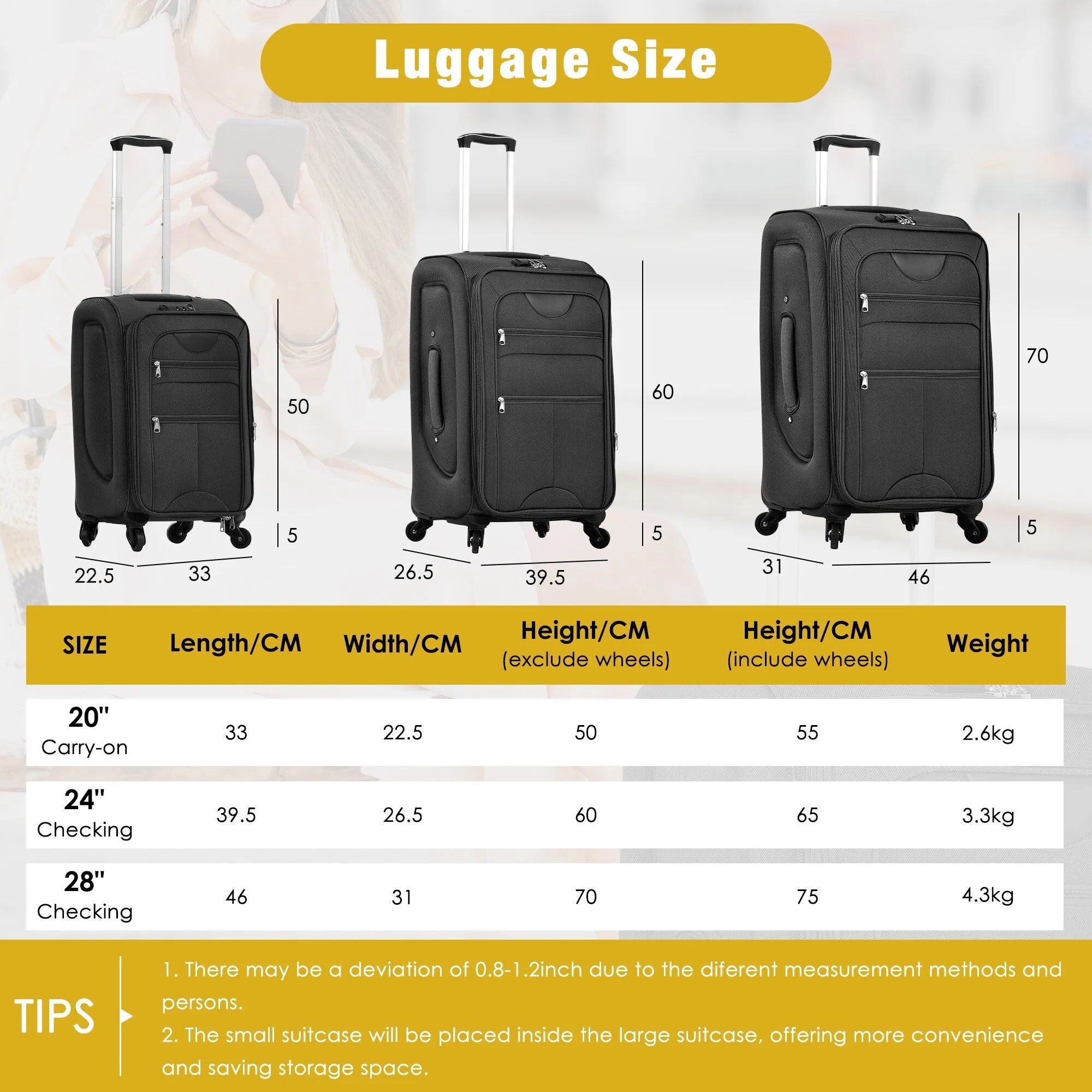 3 Piece Expandable Luggage Set with Duffel Bag and Upright Spinner, Softside Suitcase with TSA Combination Lock & Toiletry Bag