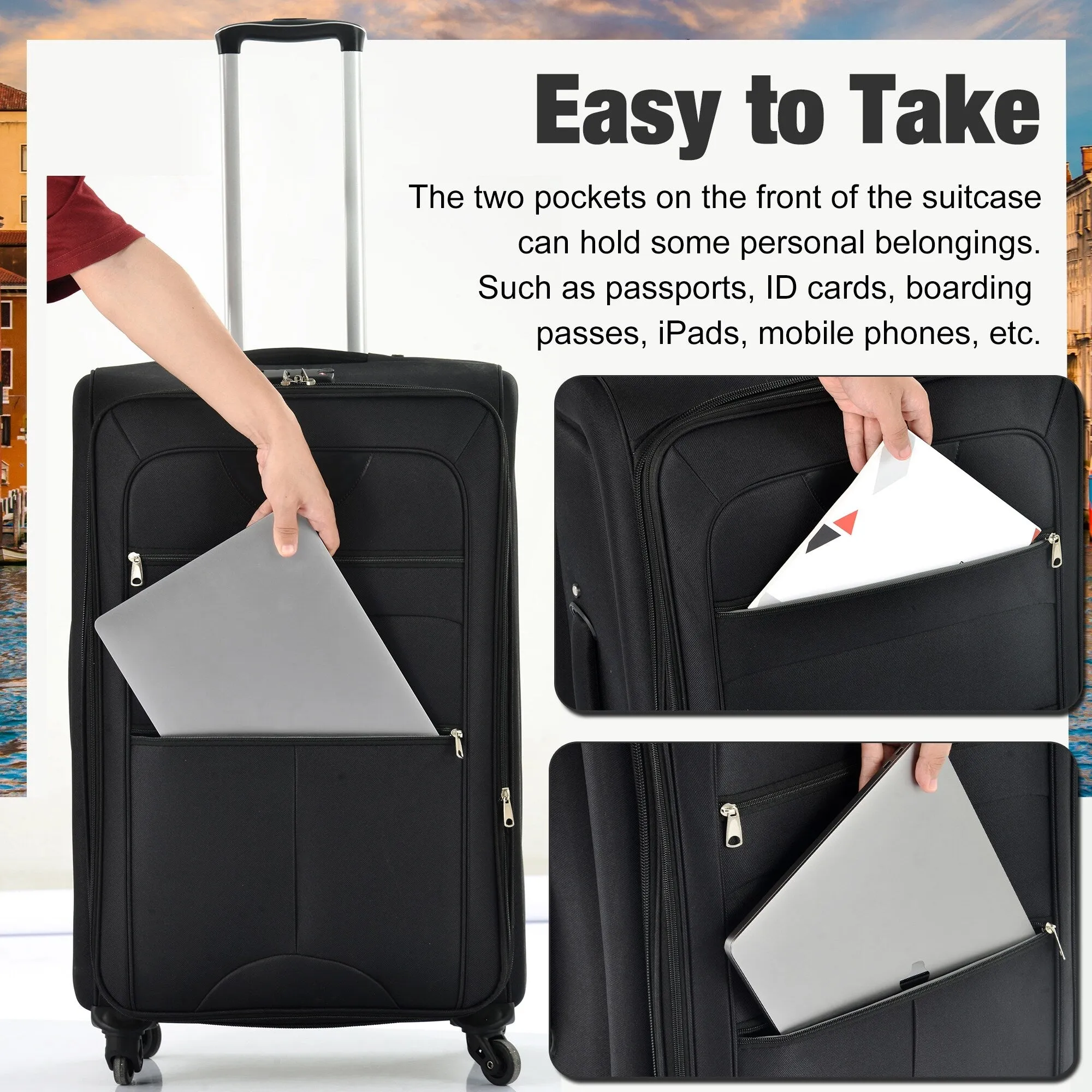 3 Piece Expandable Luggage Set with Duffel Bag and Upright Spinner, Softside Suitcase with TSA Combination Lock & Toiletry Bag