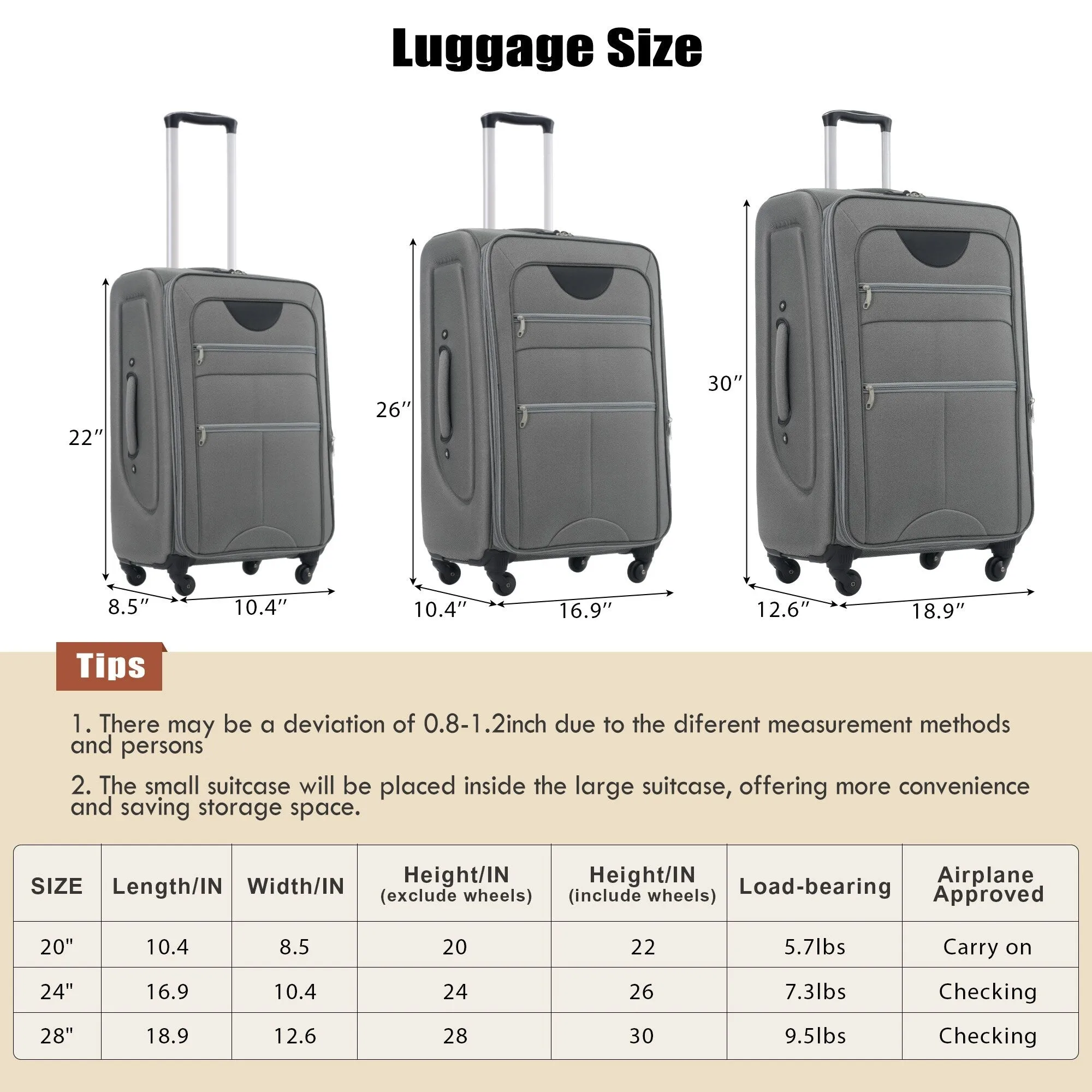 3 Piece Expandable Luggage Set with Duffel Bag and Upright Spinner, Softside Suitcase with TSA Combination Lock & Toiletry Bag