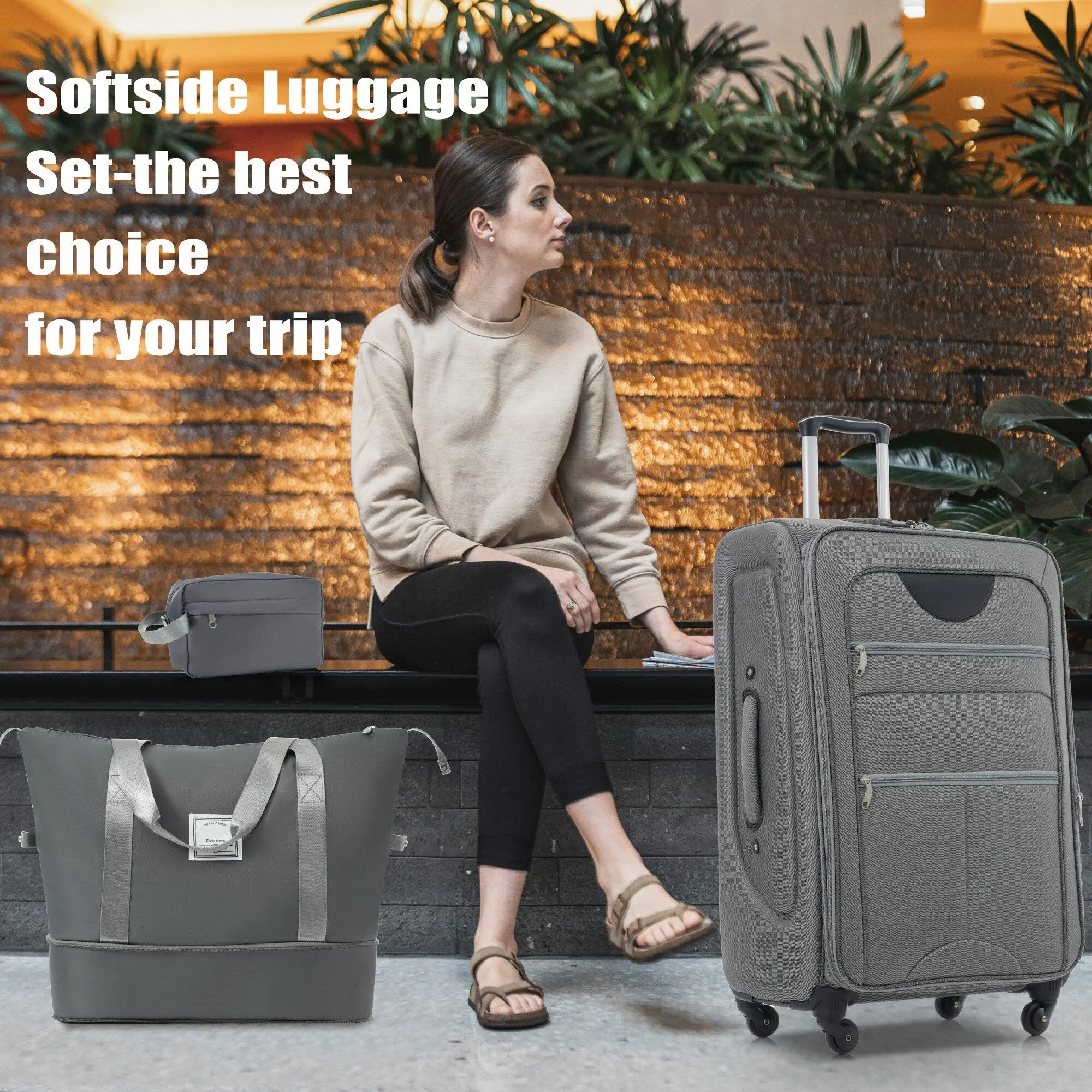 3 Piece Expandable Luggage Set with Duffel Bag and Upright Spinner, Softside Suitcase with TSA Combination Lock & Toiletry Bag