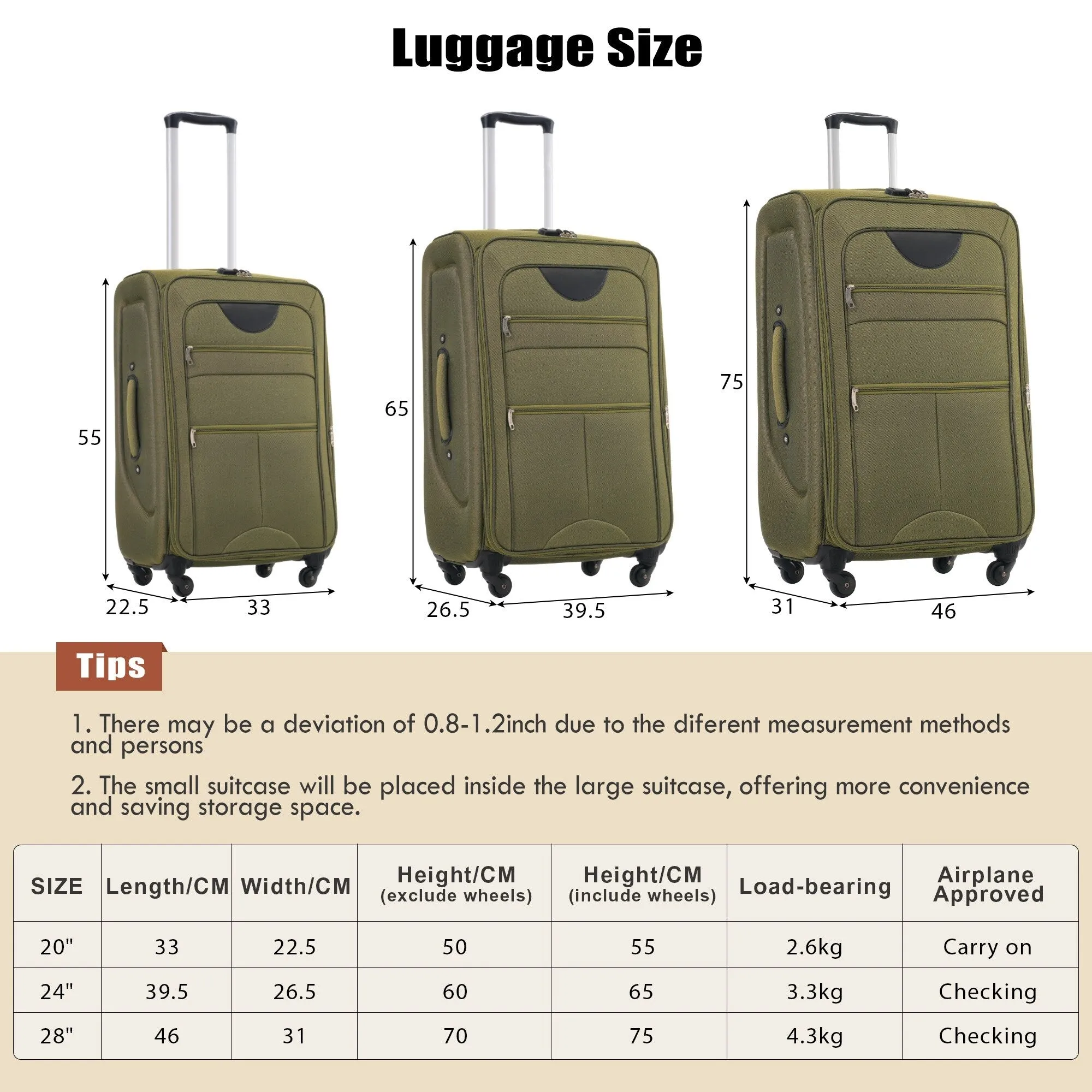 3 Piece Expandable Luggage Set with Duffel Bag and Upright Spinner, Softside Suitcase with TSA Combination Lock & Toiletry Bag