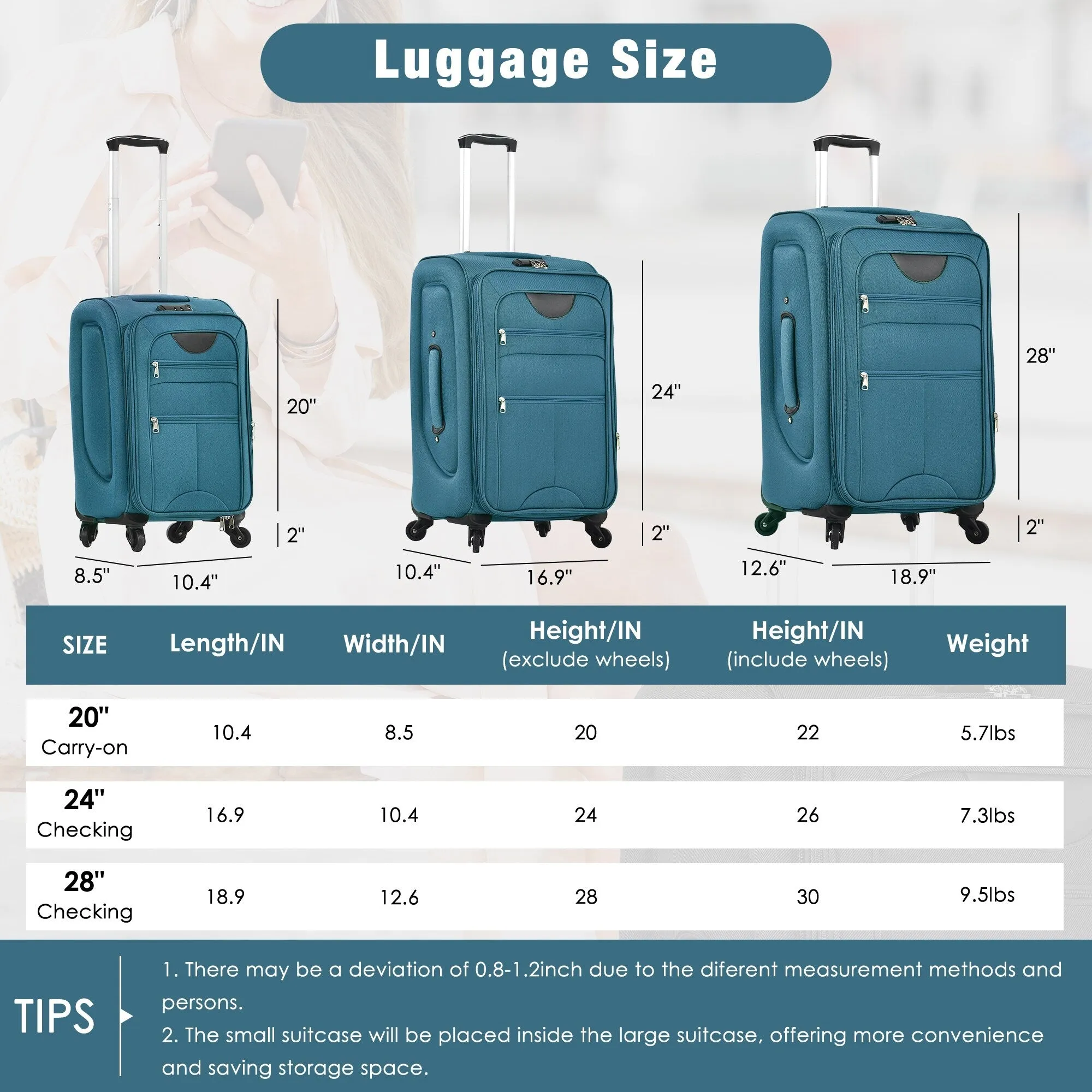 3 Piece Expandable Luggage Set with Duffel Bag and Upright Spinner, Softside Suitcase with TSA Combination Lock & Toiletry Bag