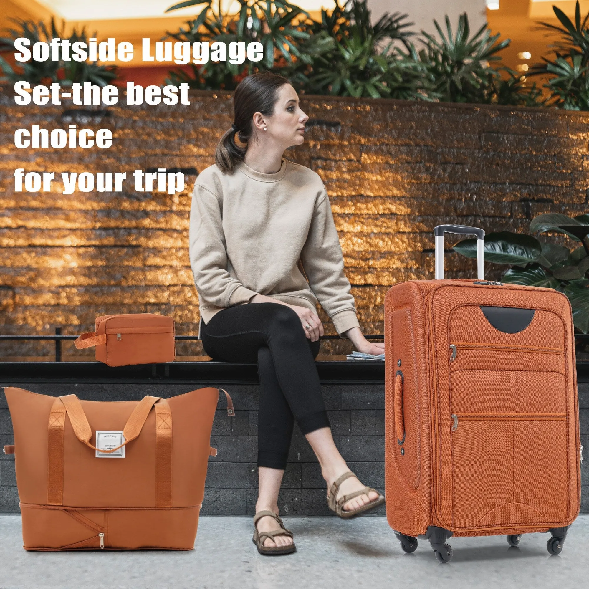 3 Piece Expandable Luggage Set with Duffel Bag and Upright Spinner, Softside Suitcase with TSA Combination Lock & Toiletry Bag