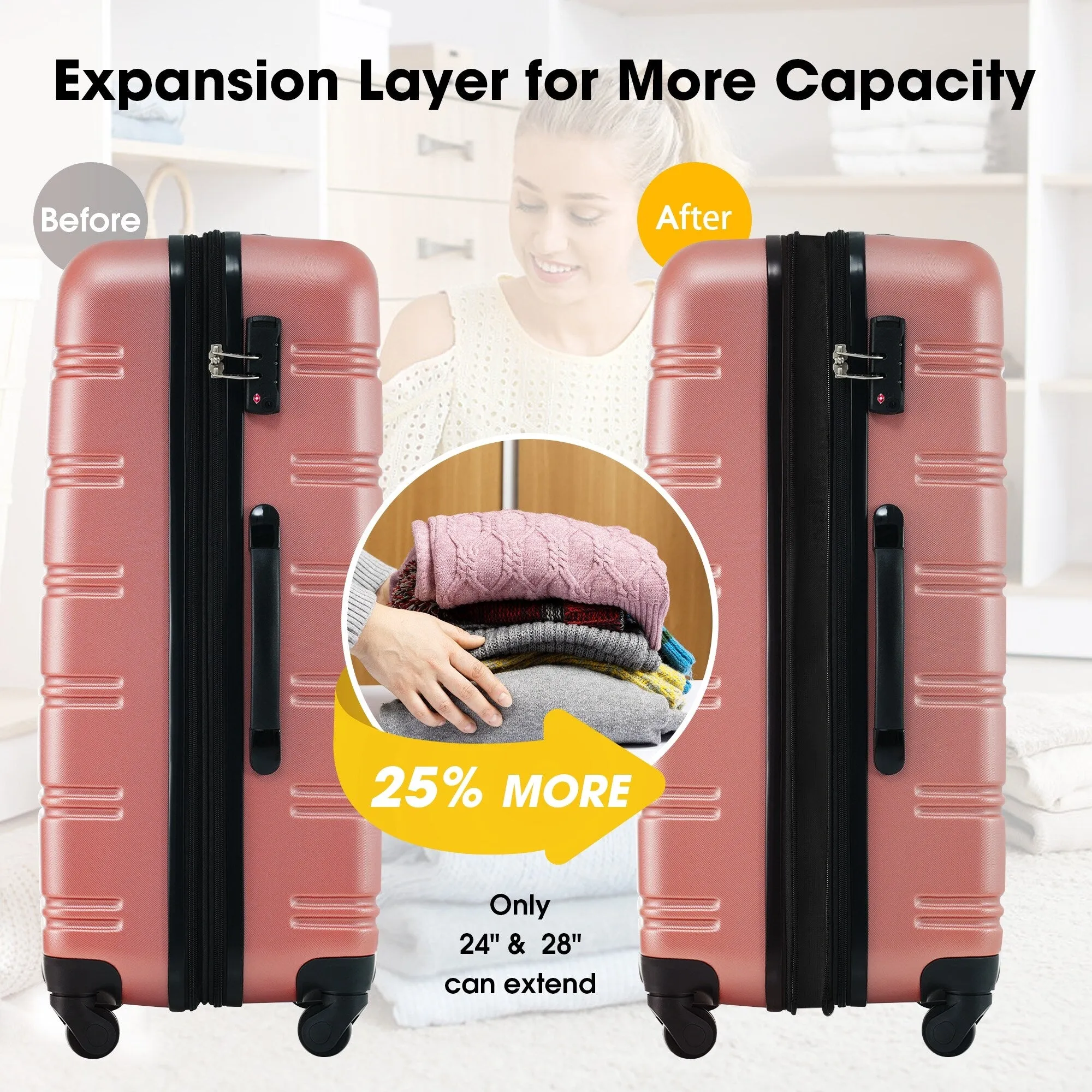 3 Piece Luggage Set Hardside Expandable Spinner Suitcase with TSA Lock Aluminum Handle 20" 24" 28"