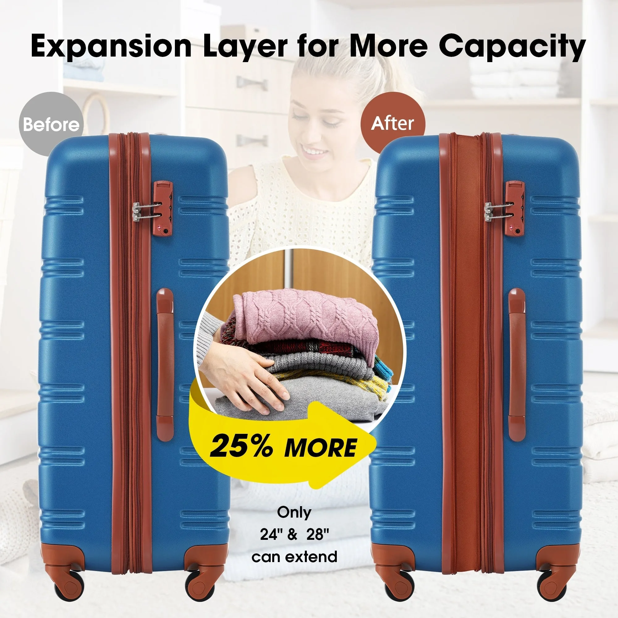 3 Piece Luggage Set Hardside Expandable Spinner Suitcase with TSA Lock Aluminum Handle 20" 24" 28"