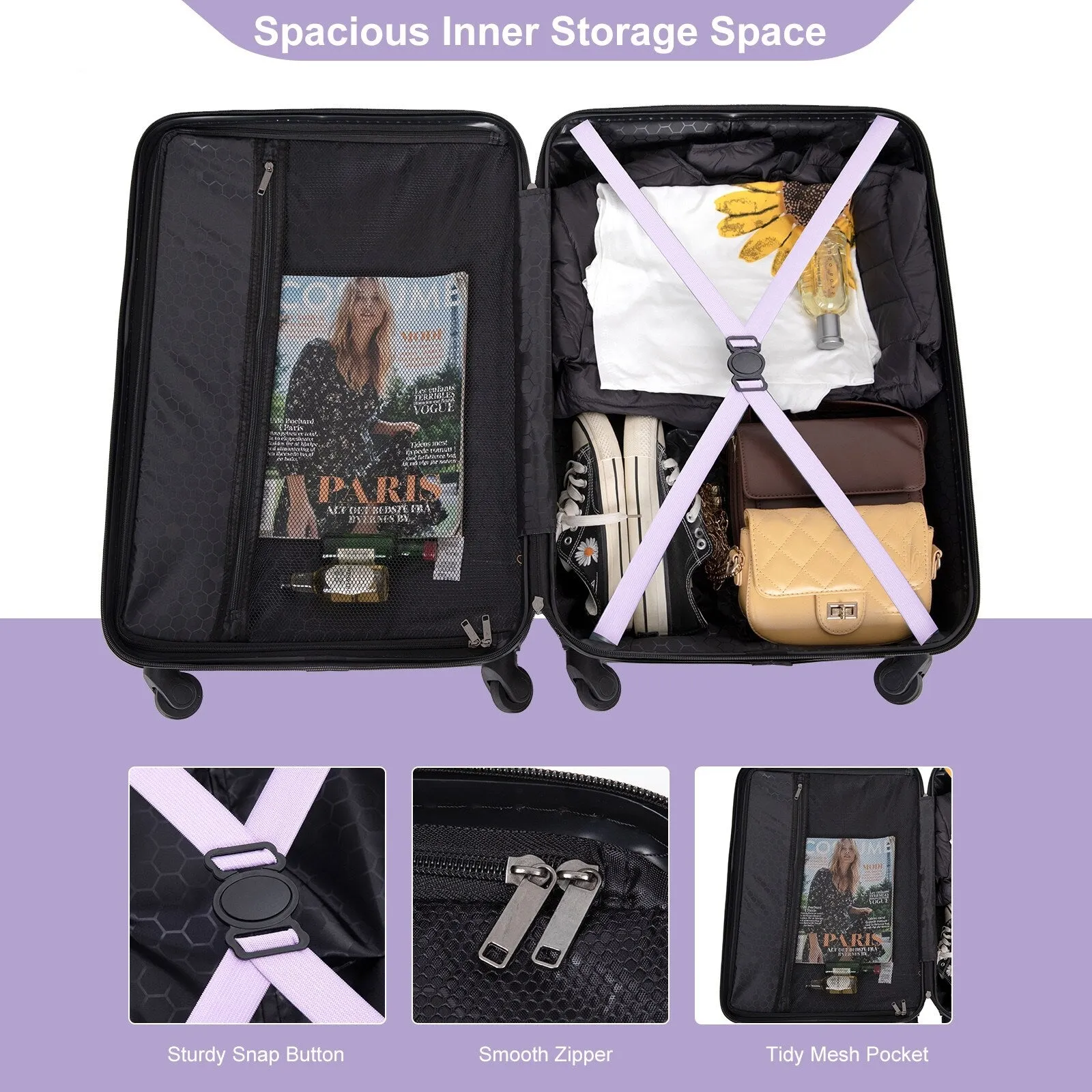 3 Piece Luggage Sets ABS Lightweight Suitcase with Two Hooks, Spinner Wheels, TSA Lock, (20/24/28)