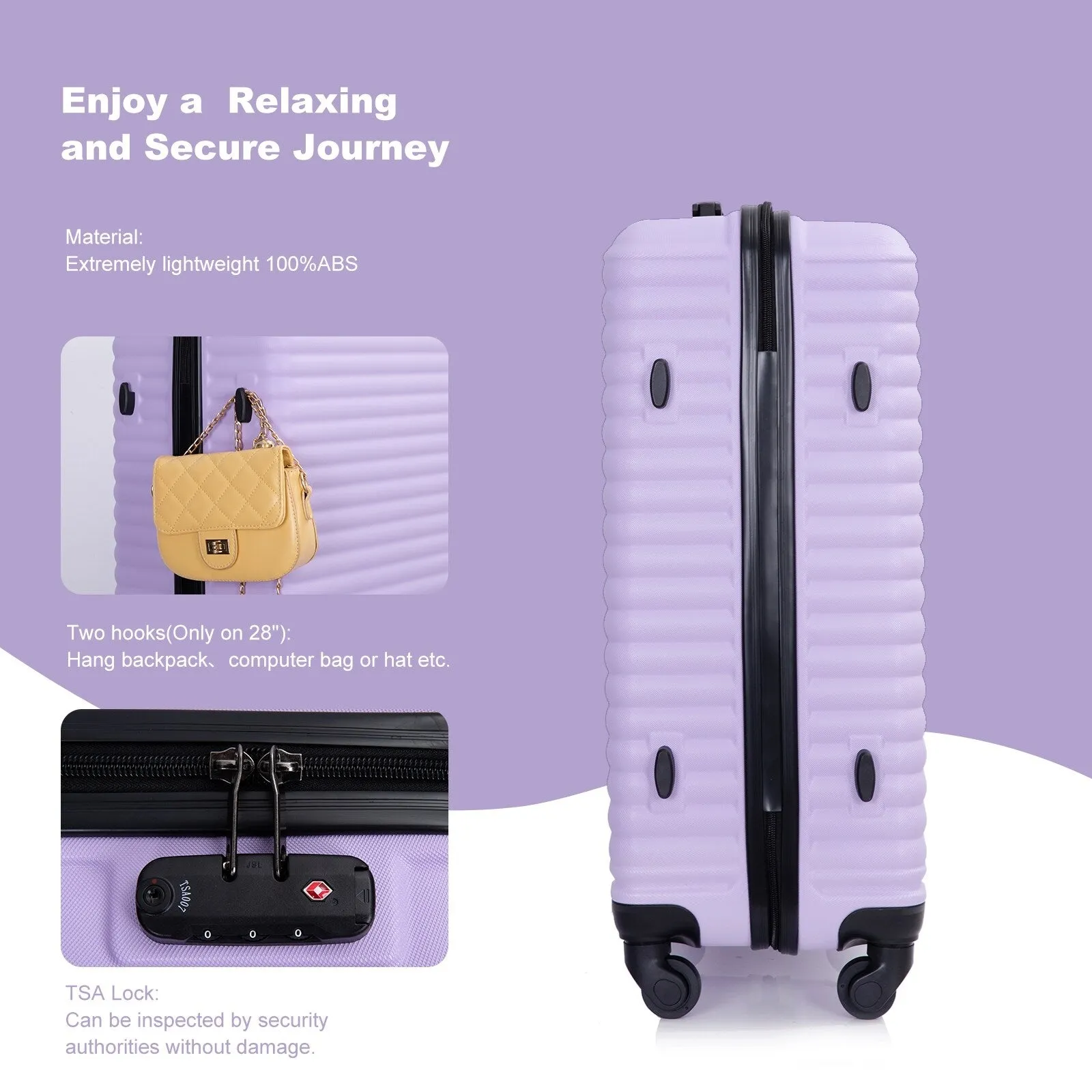3 Piece Luggage Sets ABS Lightweight Suitcase with Two Hooks, Spinner Wheels, TSA Lock, (20/24/28)