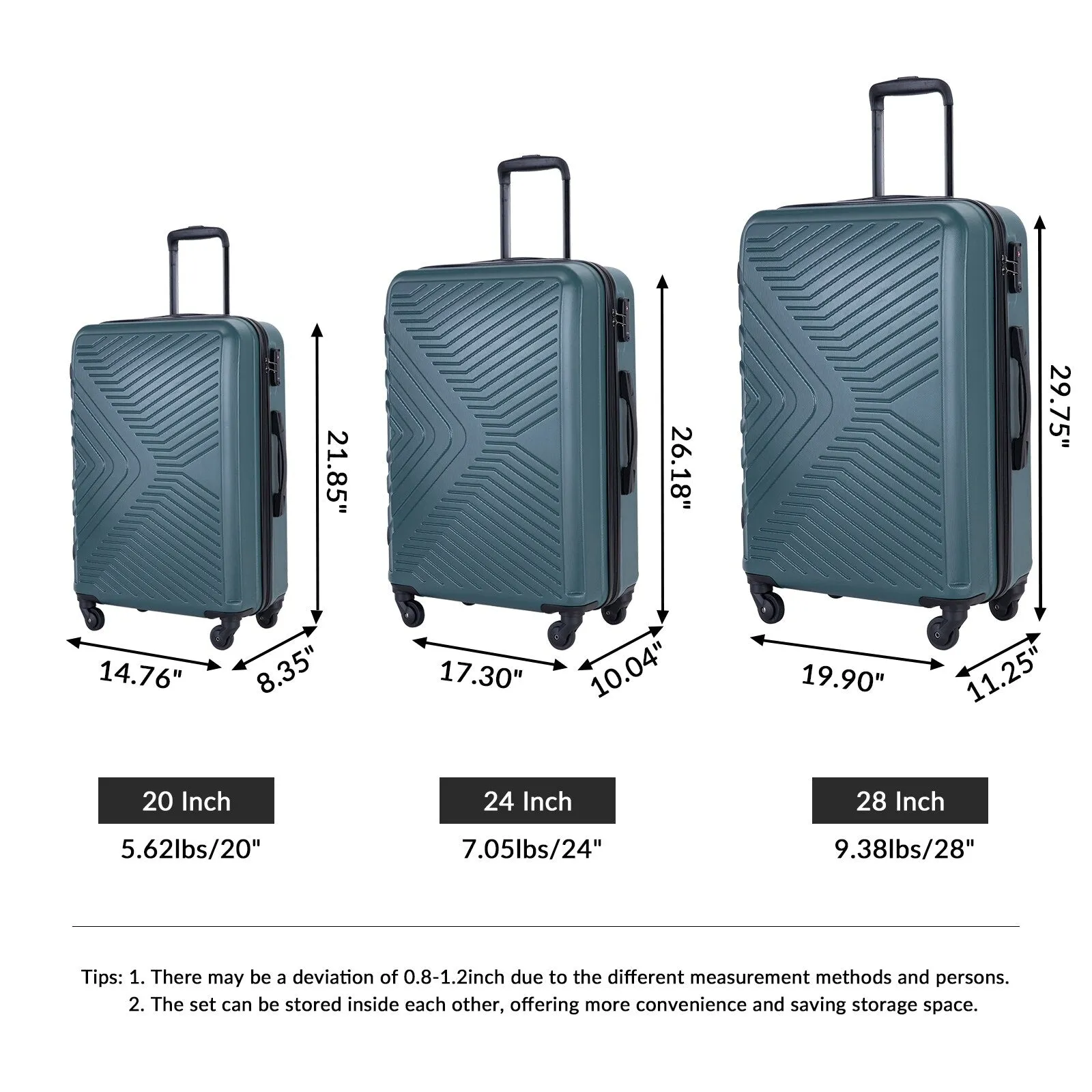 3 Piece Luggage Sets ABS Lightweight Suitcase with Two Hooks, Spinner Wheels, TSA Lock, (20/24/28)