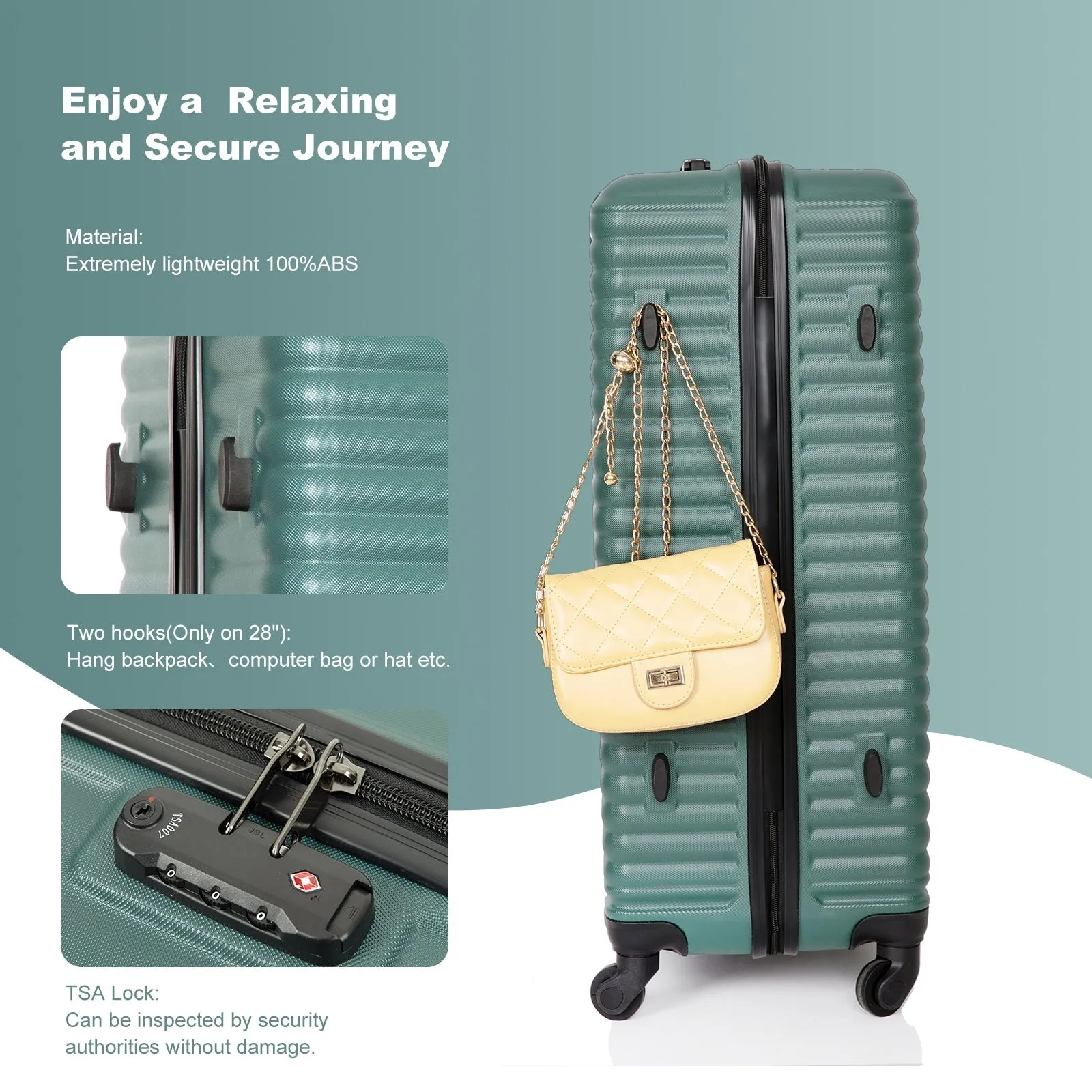 3 Piece Luggage Sets ABS Lightweight Suitcase with Two Hooks, Spinner Wheels, TSA Lock, (20/24/28)