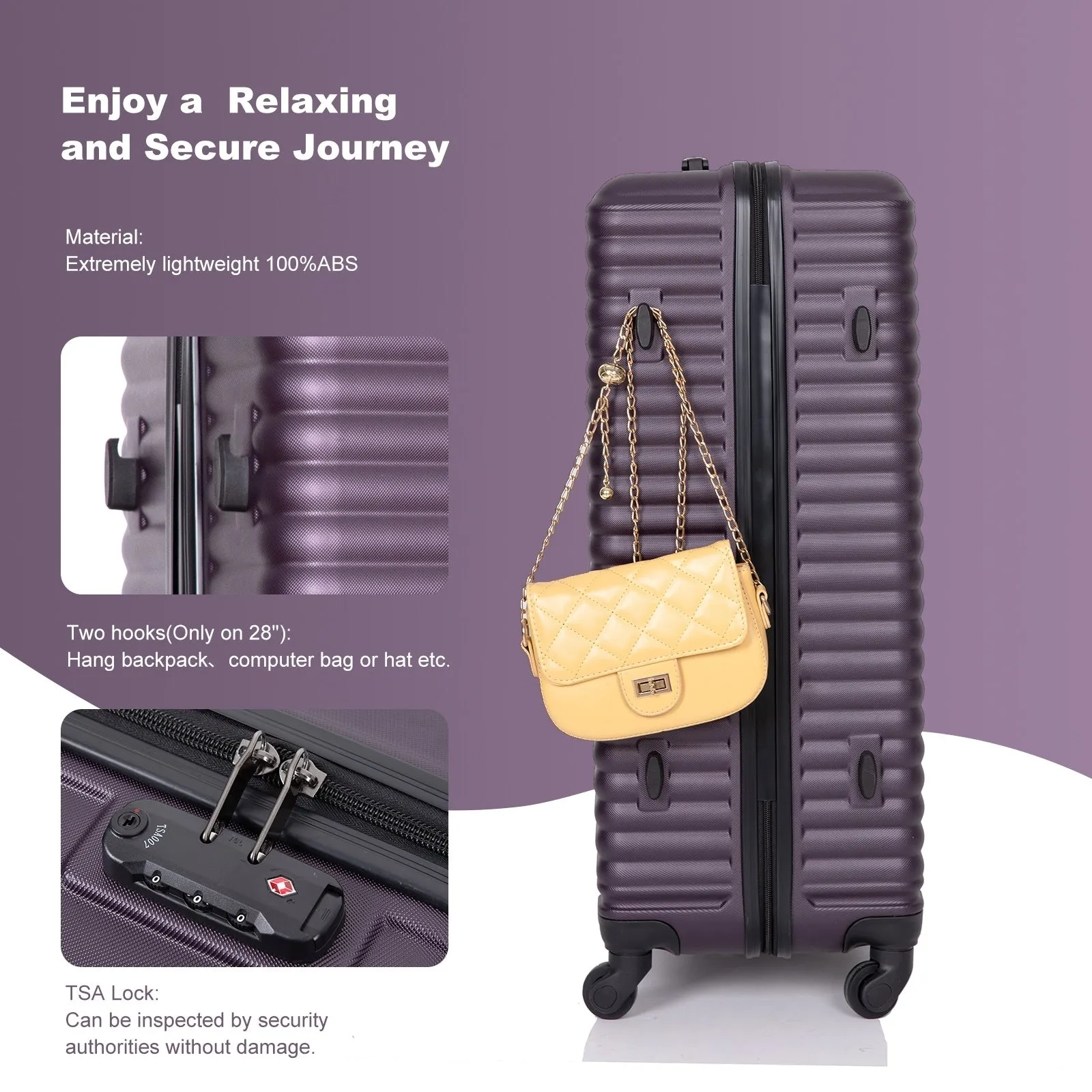 3 Piece Luggage Sets ABS Lightweight Suitcase with Two Hooks, Spinner Wheels, TSA Lock, (20/24/28)