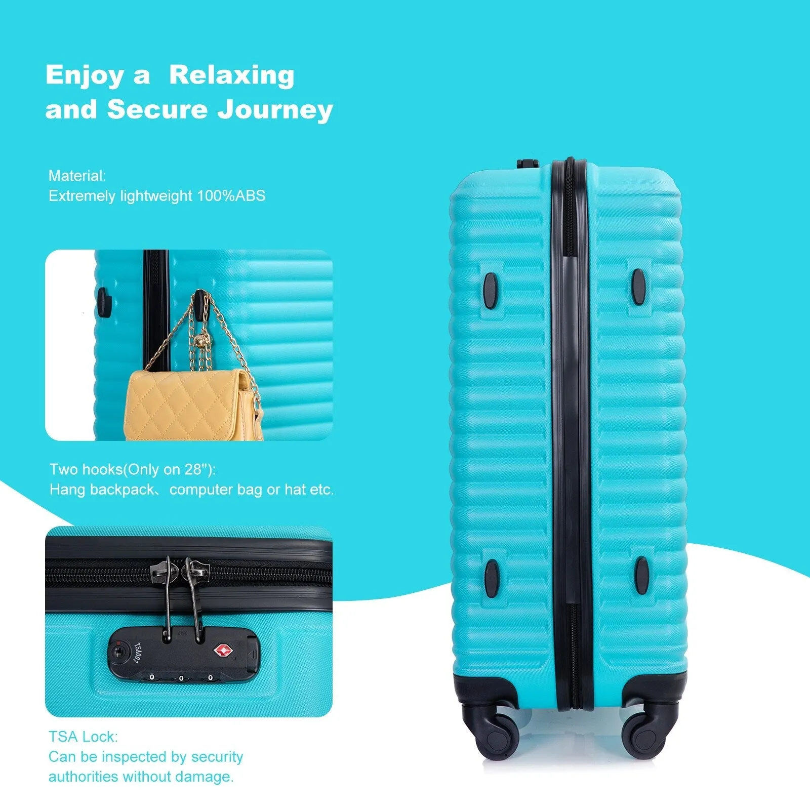 3 Piece Luggage Sets ABS Lightweight Suitcase with Two Hooks, Spinner Wheels, TSA Lock, (20/24/28)