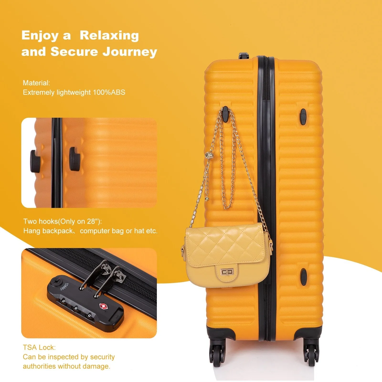 3 Piece Luggage Sets ABS Lightweight Suitcase with Two Hooks, Spinner Wheels, TSA Lock, (20/24/28)