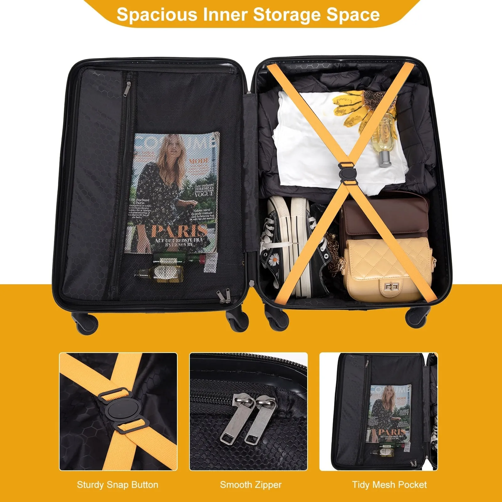 3 Piece Luggage Sets ABS Lightweight Suitcase with Two Hooks, Spinner Wheels, TSA Lock, (20/24/28)