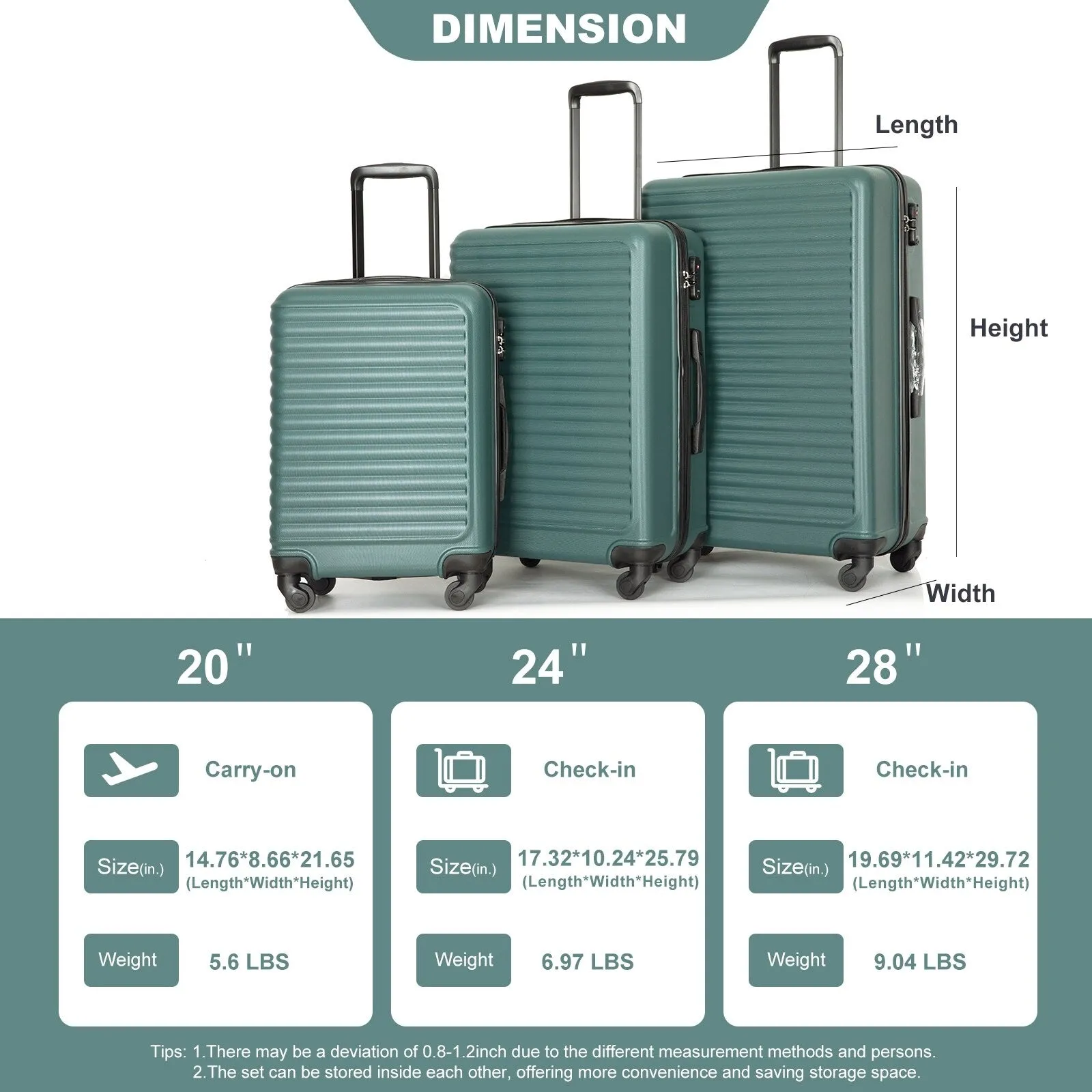 3 Piece Luggage Sets ABS Lightweight Suitcase with Two Hooks, Spinner Wheels, TSA Lock, (20/24/28)