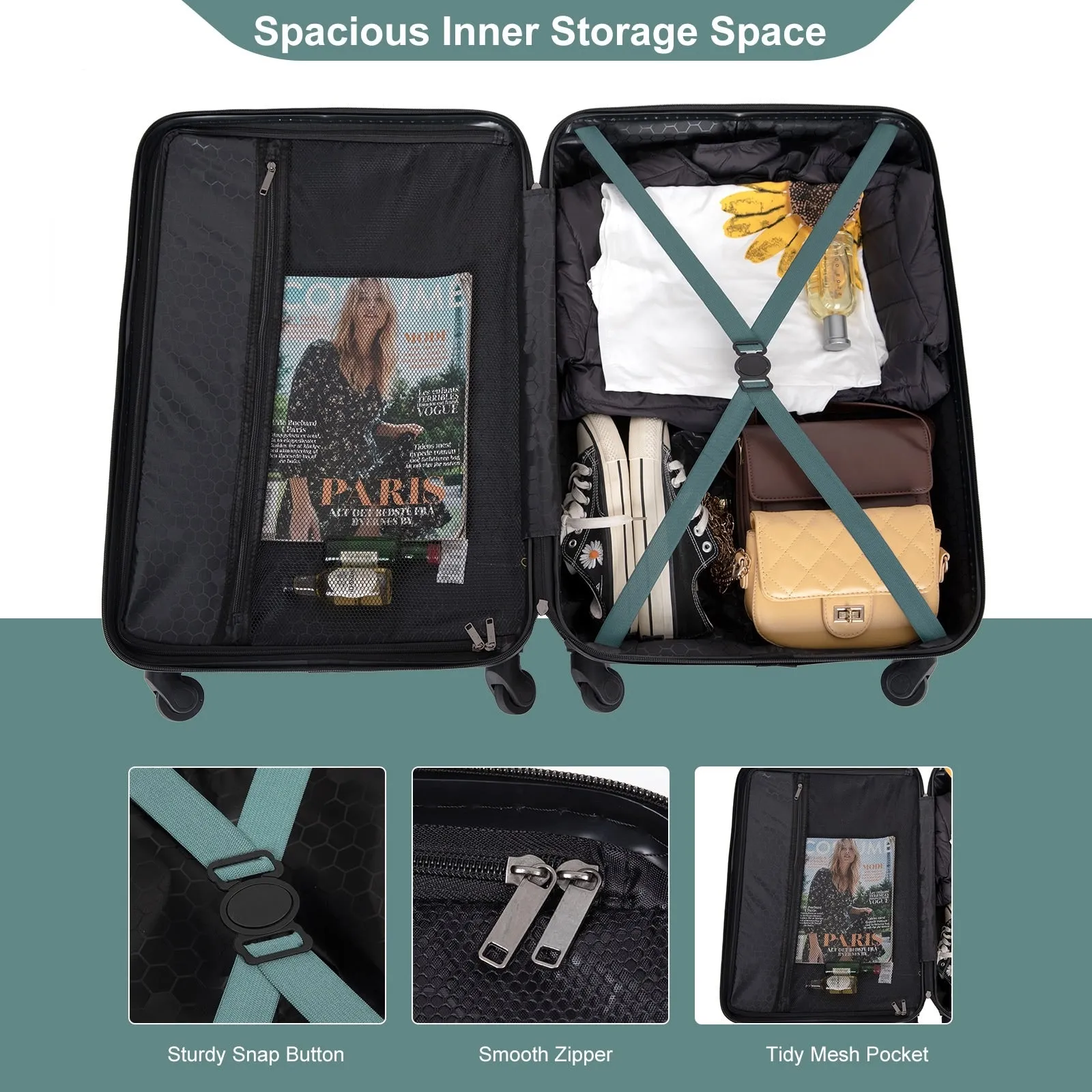 3 Piece Luggage Sets ABS Lightweight Suitcase with Two Hooks, Spinner Wheels, TSA Lock, (20/24/28)
