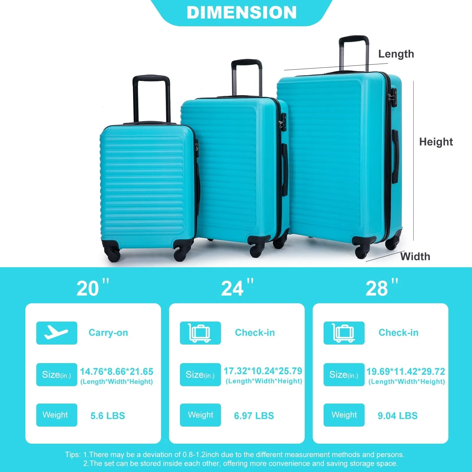 3 Piece Luggage Sets ABS Lightweight Suitcase with Two Hooks, Spinner Wheels, TSA Lock, (20/24/28)