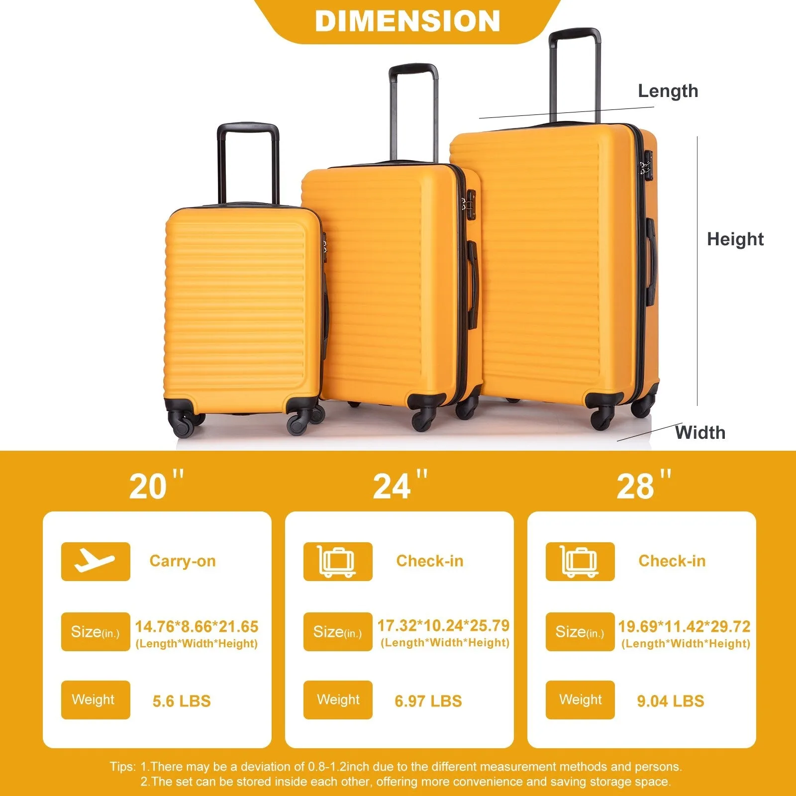3 Piece Luggage Sets ABS Lightweight Suitcase with Two Hooks, Spinner Wheels, TSA Lock, (20/24/28)