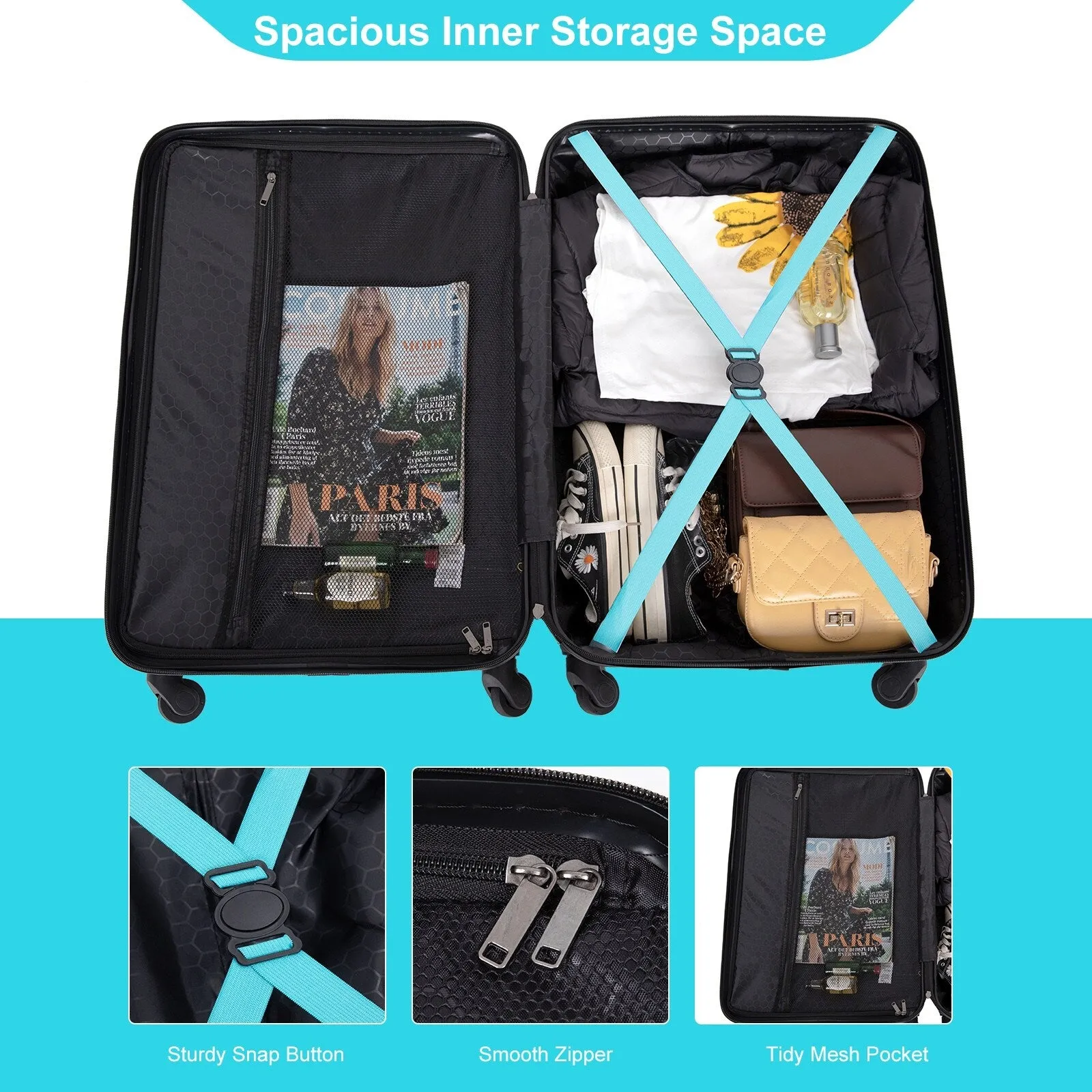 3 Piece Luggage Sets ABS Lightweight Suitcase with Two Hooks, Spinner Wheels, TSA Lock, (20/24/28)