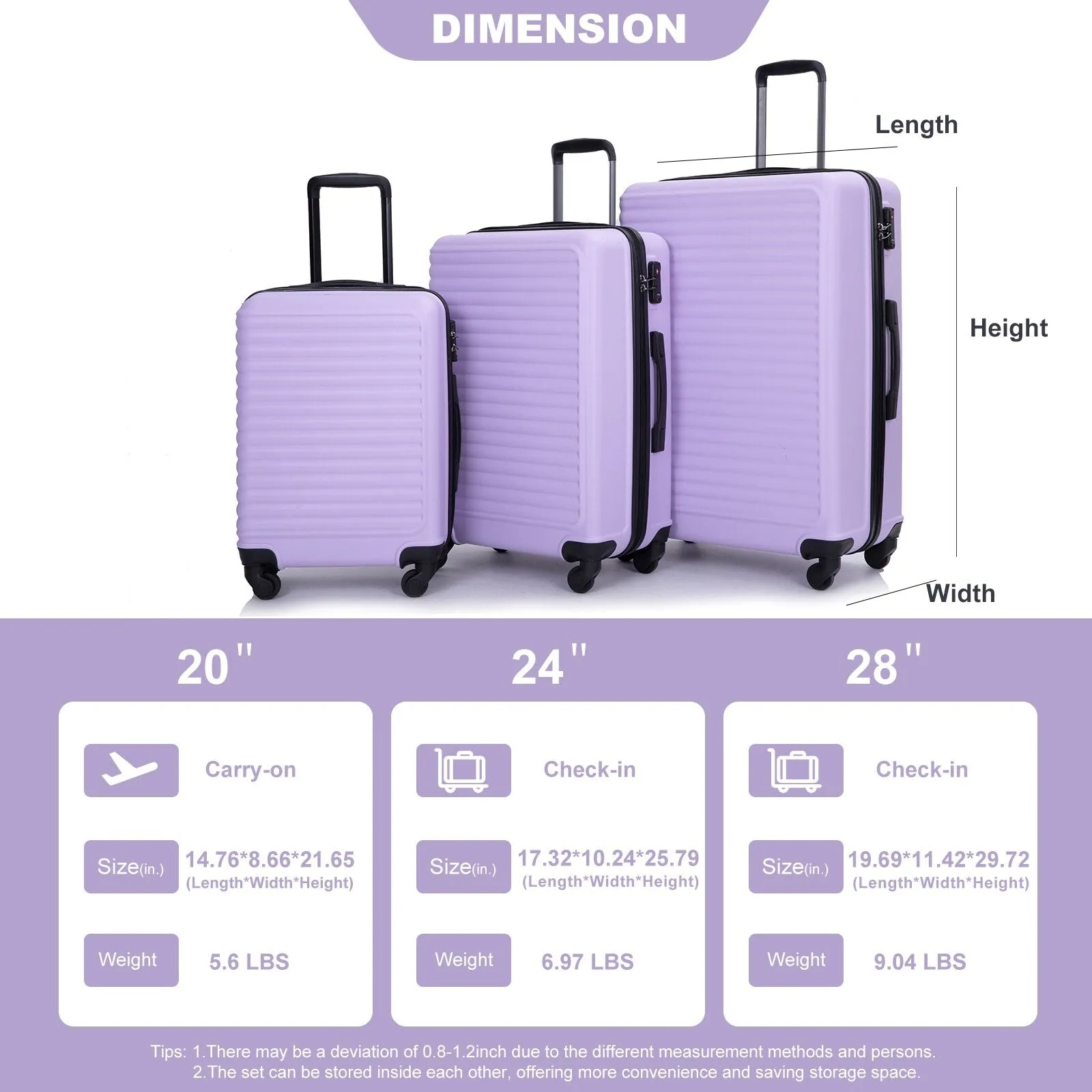 3 Piece Luggage Sets ABS Lightweight Suitcase with Two Hooks, Spinner Wheels, TSA Lock, (20/24/28)