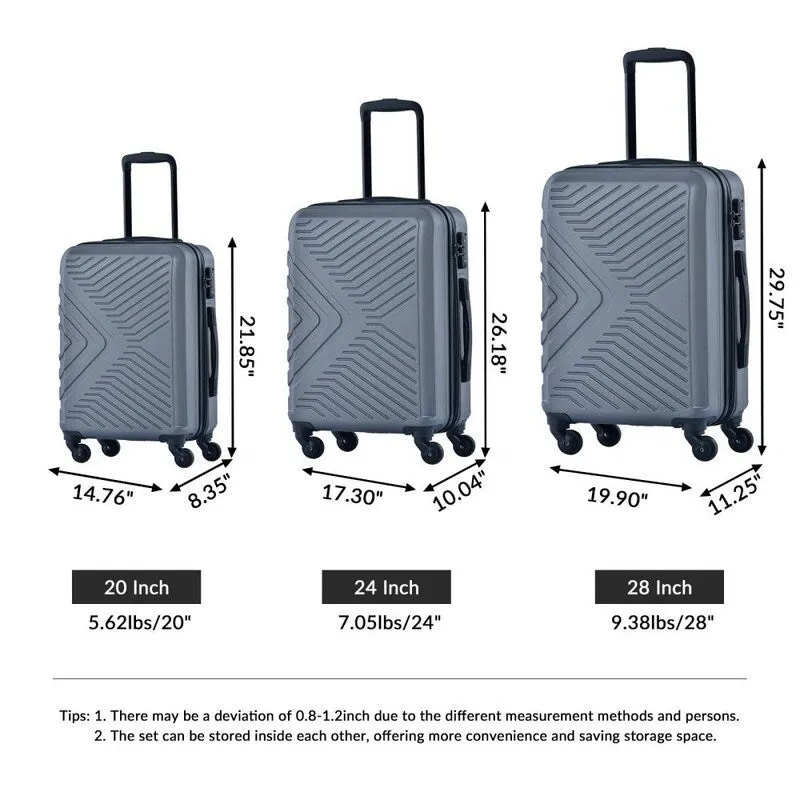 3PCS ABS Lightweight Suitcase Luggage Set with Two Hooks and TSA Lock