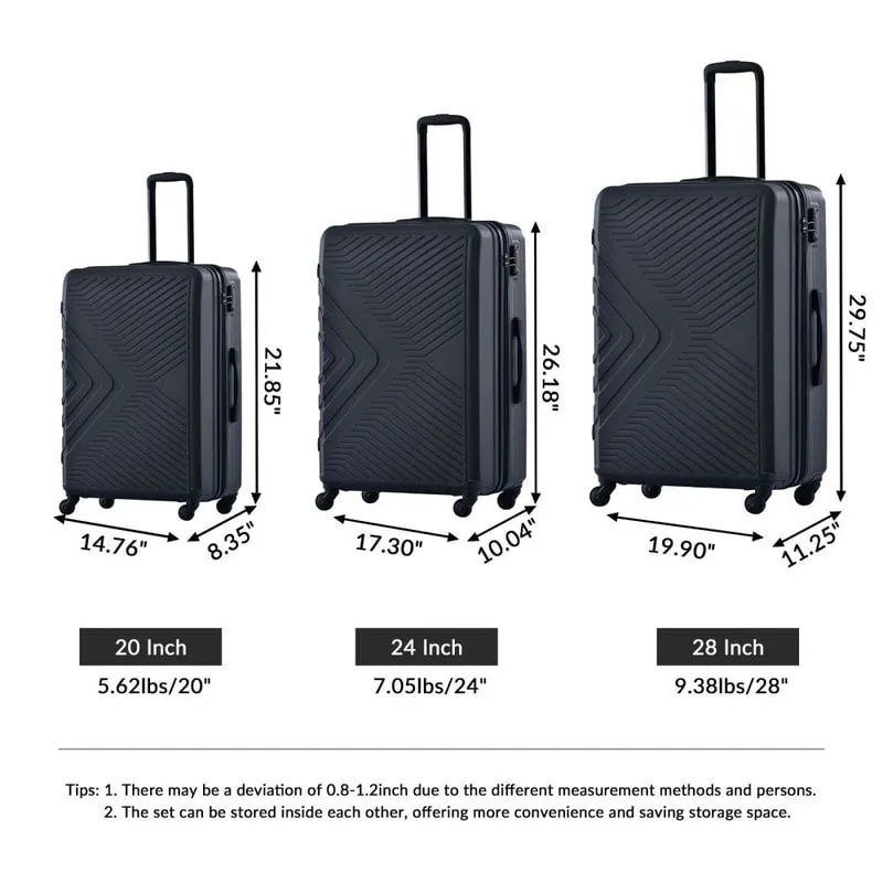 3PCS ABS Lightweight Suitcase Luggage Set with Two Hooks and TSA Lock