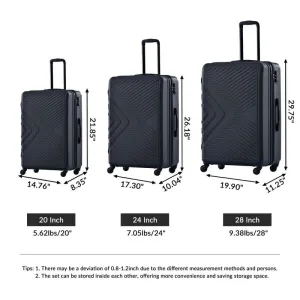 3PCS ABS Lightweight Suitcase Luggage Set with Two Hooks and TSA Lock