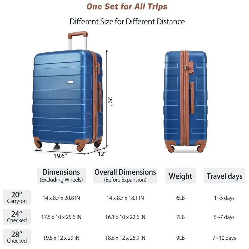 3PCS Expandable ABS Suitcase Luggage Set with TSA Lock,20"/24"/28"