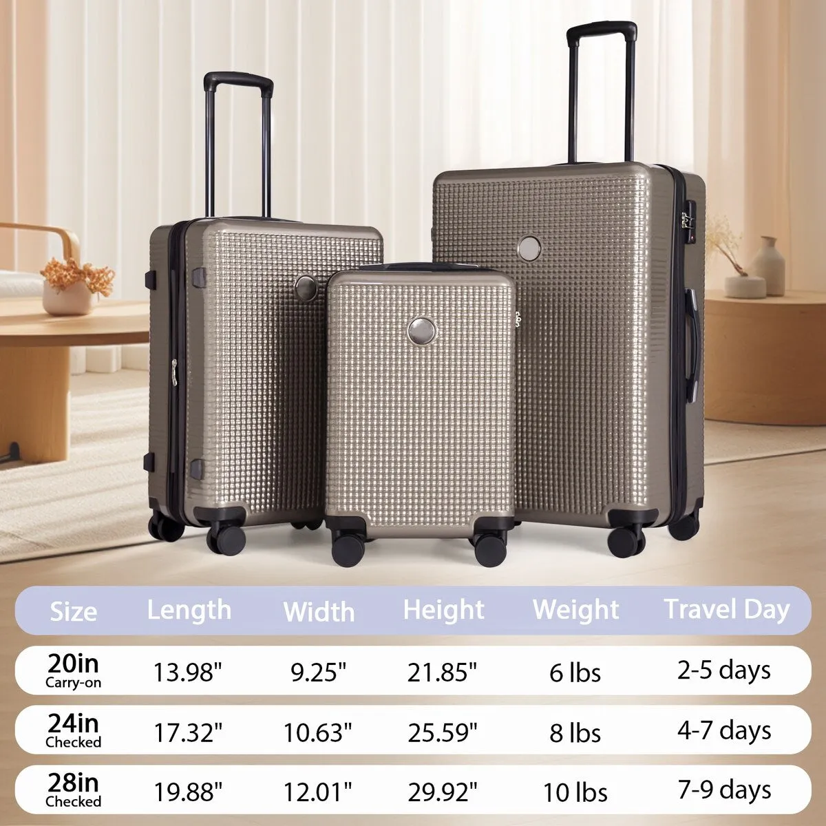 3PCS Lightweight Expandable Carry-on Suitcases Luggage Set with TSA Lock