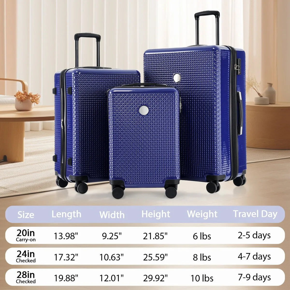 3PCS Lightweight Expandable Carry-on Suitcases Luggage Set with TSA Lock
