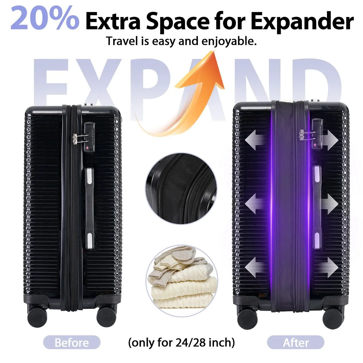 3PCS Lightweight Expandable Carry-on Suitcases Luggage Set with TSA Lock