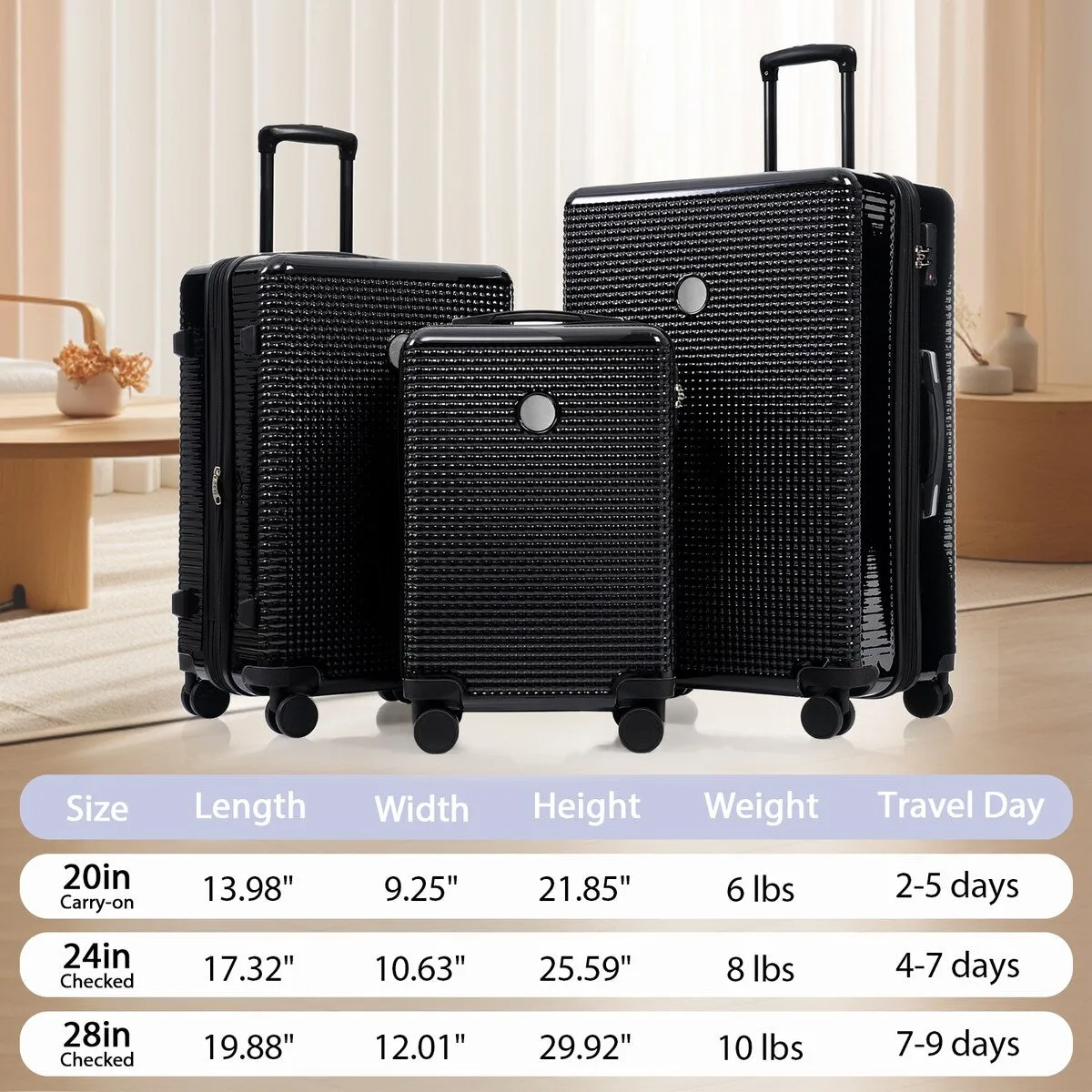 3PCS Lightweight Expandable Carry-on Suitcases Luggage Set with TSA Lock