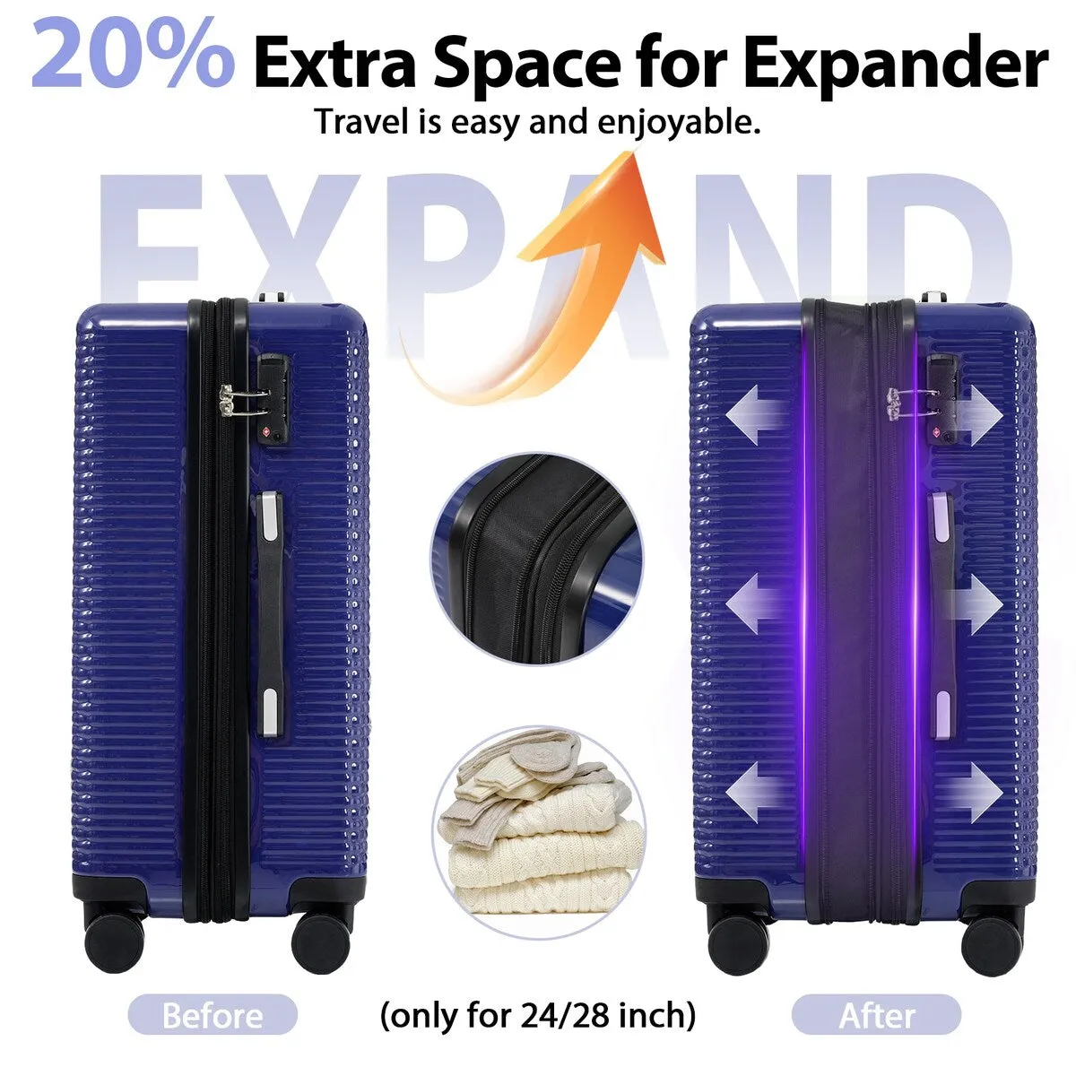 3PCS Lightweight Expandable Carry-on Suitcases Luggage Set with TSA Lock