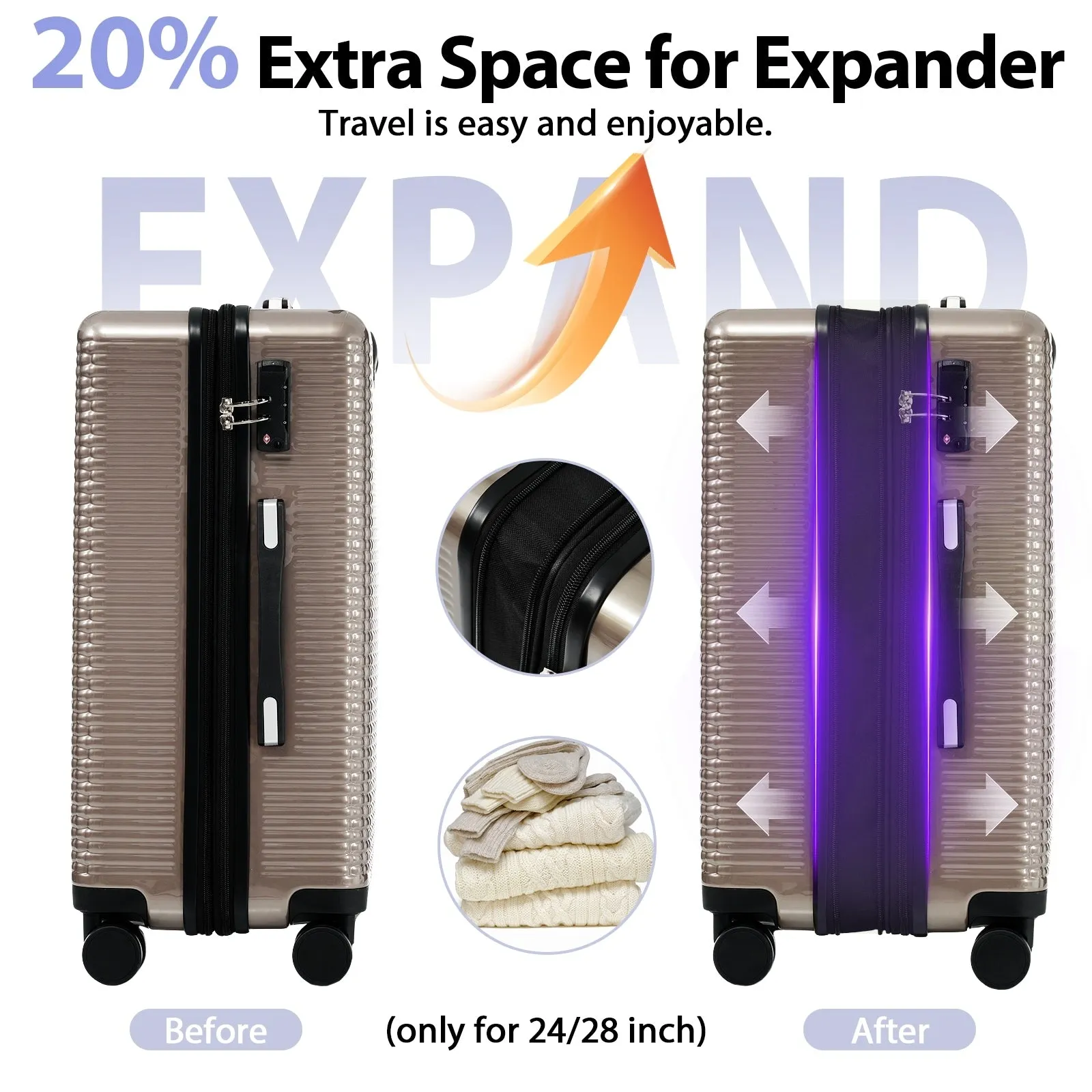 3PCS Lightweight Expandable Carry-on Suitcases Luggage Set with TSA Lock