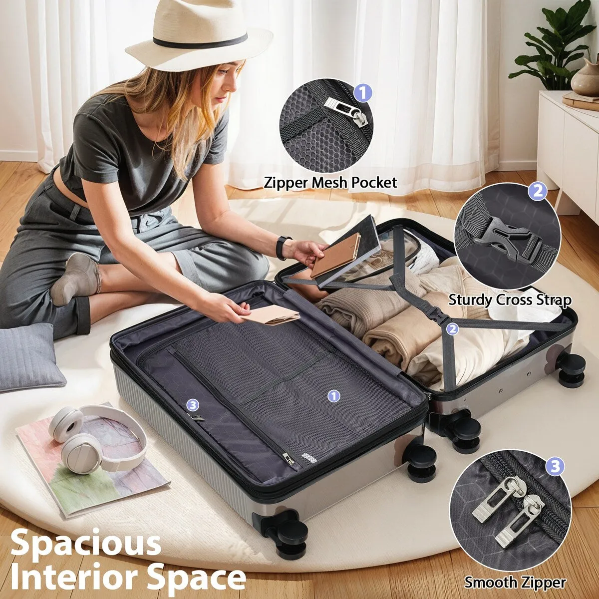 3PCS Lightweight Expandable Carry-on Suitcases Luggage Set with TSA Lock