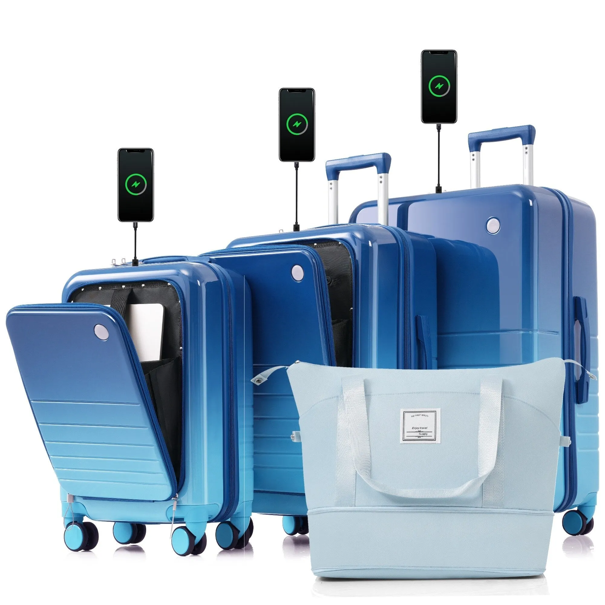 ABS PC Hardsided Luggage Set with Expandable Travel Bag and Cup Holder, Lightweight Suitcase with 360-degree Rotating Wheels