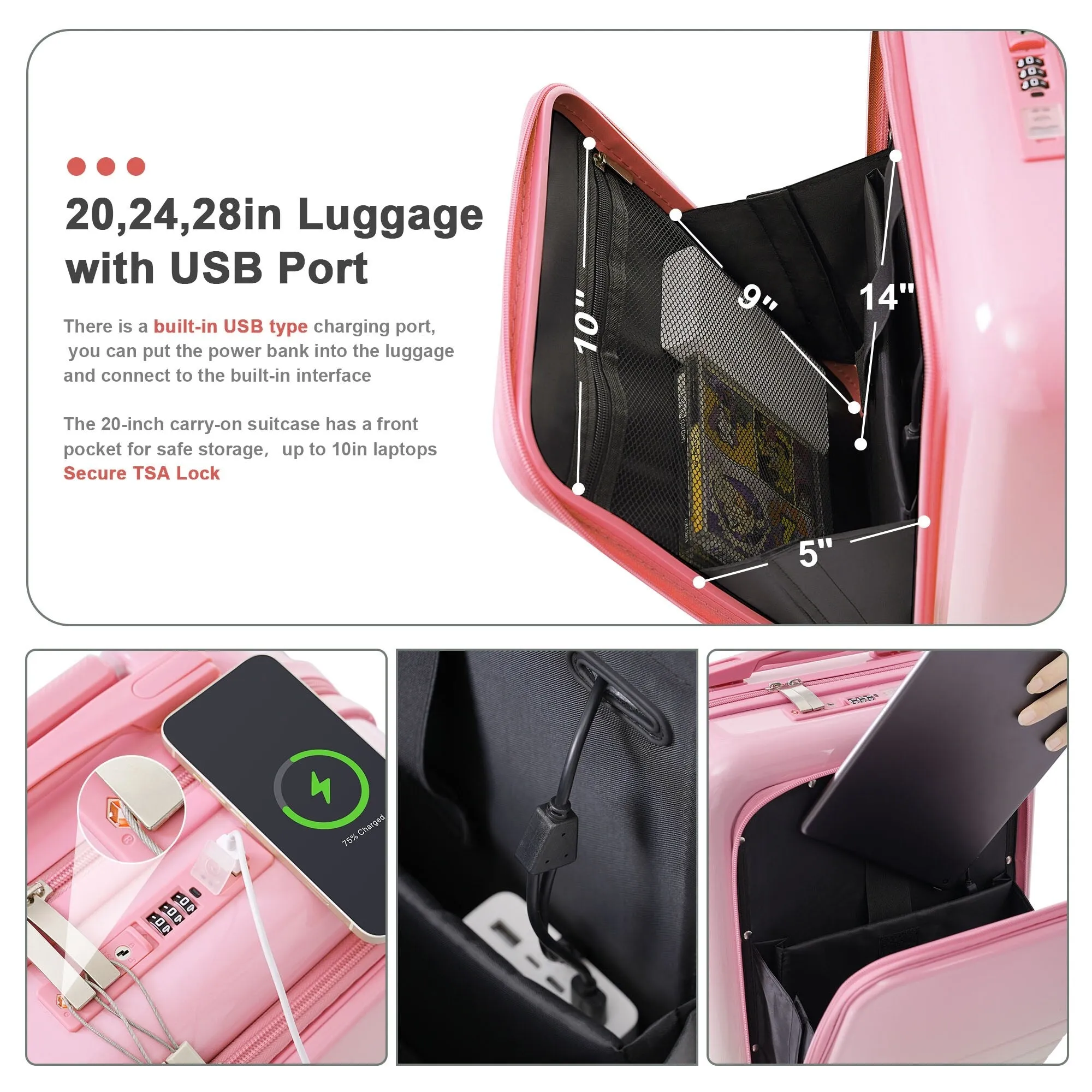 ABS PC Hardsided Luggage Set with Expandable Travel Bag and Cup Holder, Lightweight Suitcase with 360-degree Rotating Wheels