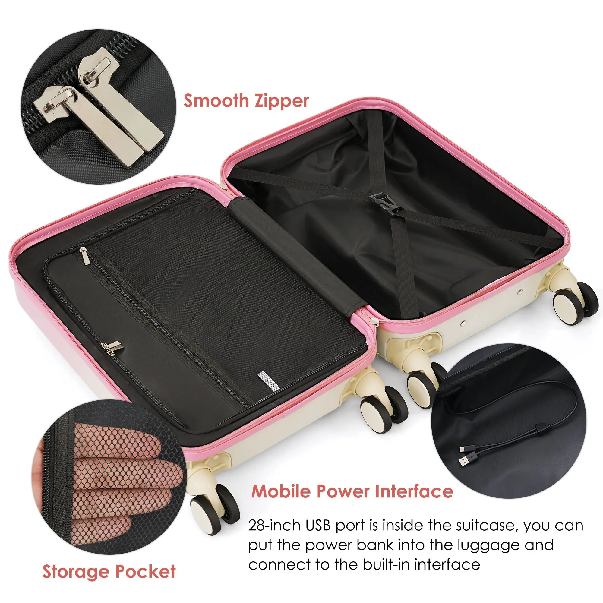 ABS PC Hardsided Luggage Set with Expandable Travel Bag and Cup Holder, Lightweight Suitcase with 360-degree Rotating Wheels