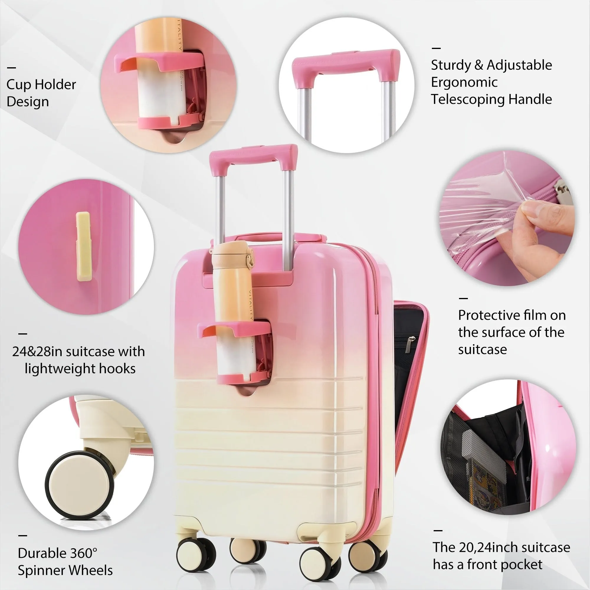 ABS PC Hardsided Luggage Set with Expandable Travel Bag and Cup Holder, Lightweight Suitcase with 360-degree Rotating Wheels