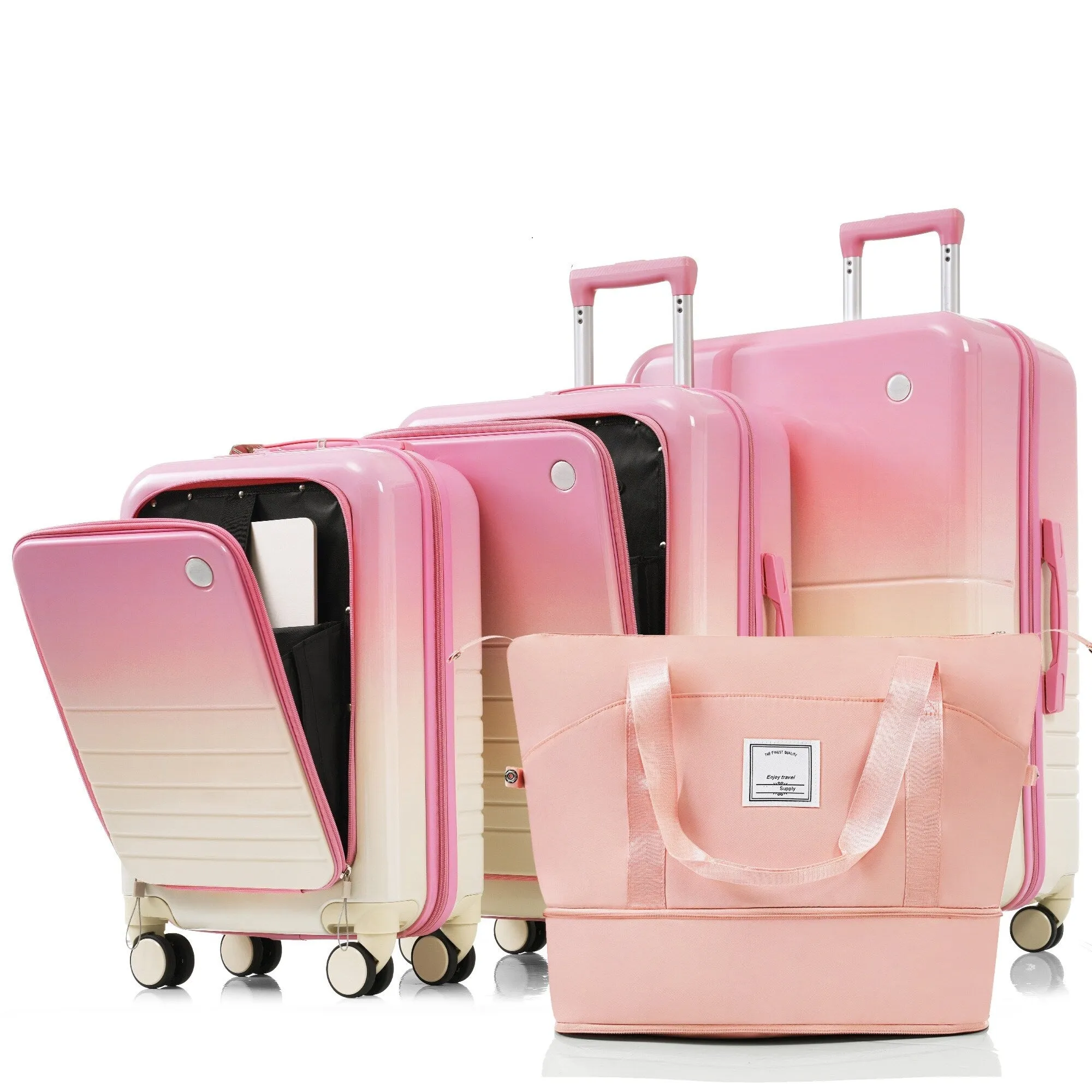 ABS PC Hardsided Luggage Set with Expandable Travel Bag and Cup Holder, Lightweight Suitcase with 360-degree Rotating Wheels