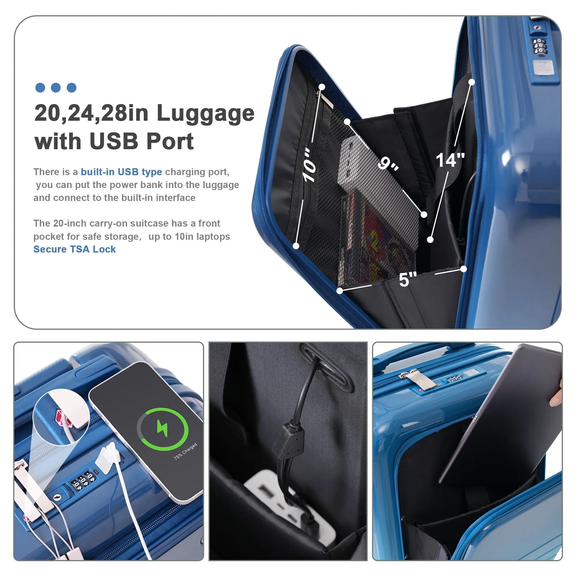 ABS PC Hardsided Luggage Set with Expandable Travel Bag and Cup Holder, Lightweight Suitcase with 360-degree Rotating Wheels