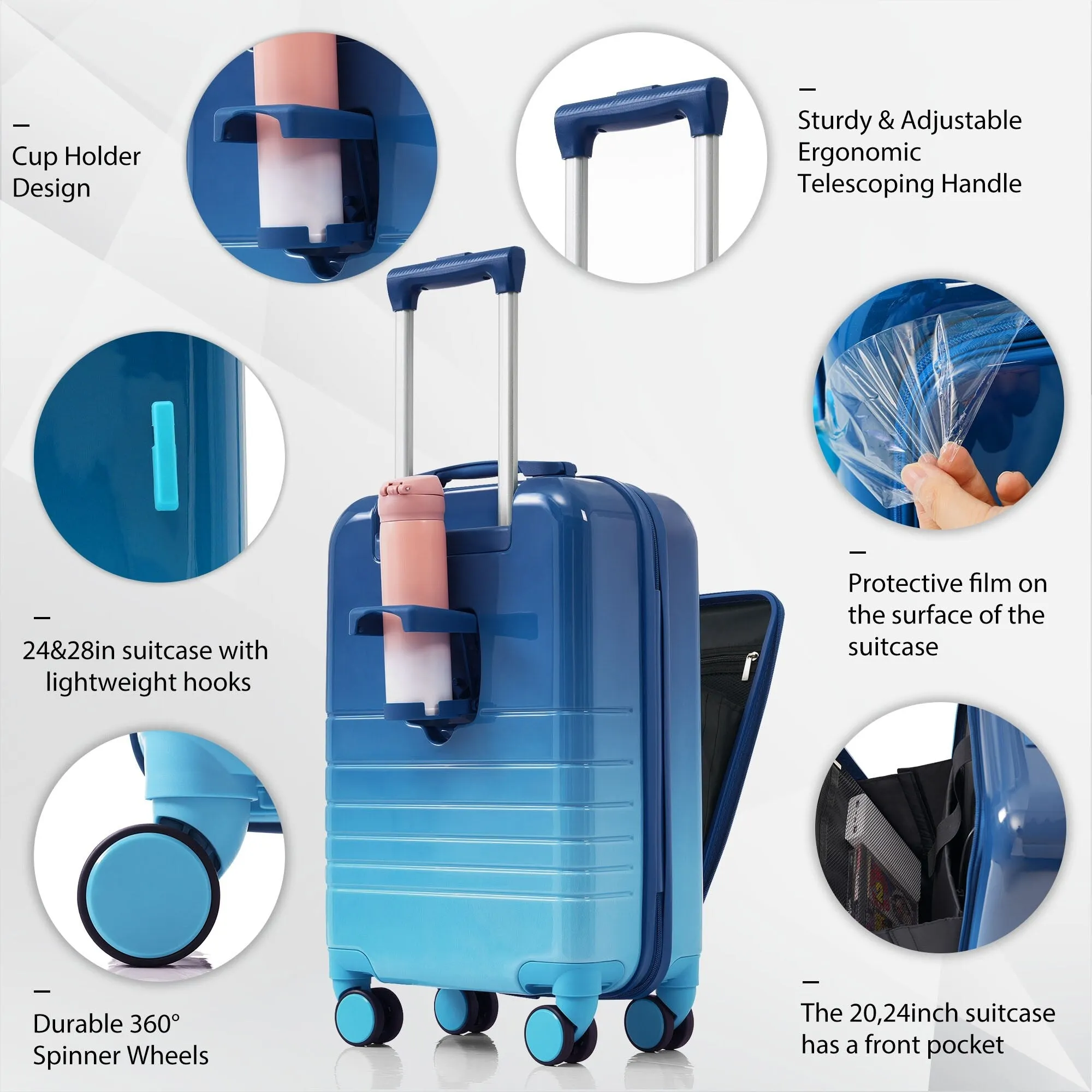 ABS PC Hardsided Luggage Set with Expandable Travel Bag and Cup Holder, Lightweight Suitcase with 360-degree Rotating Wheels