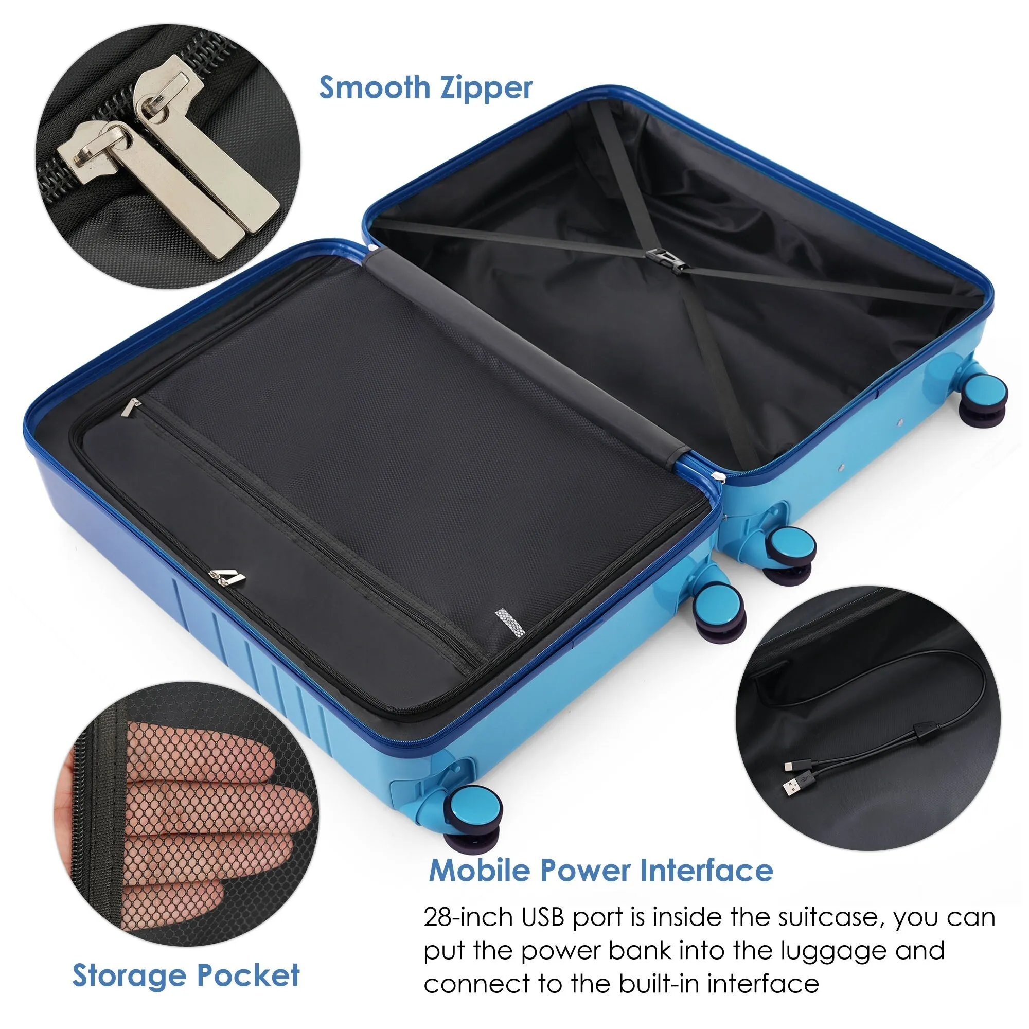 ABS PC Hardsided Luggage Set with Expandable Travel Bag and Cup Holder, Lightweight Suitcase with 360-degree Rotating Wheels